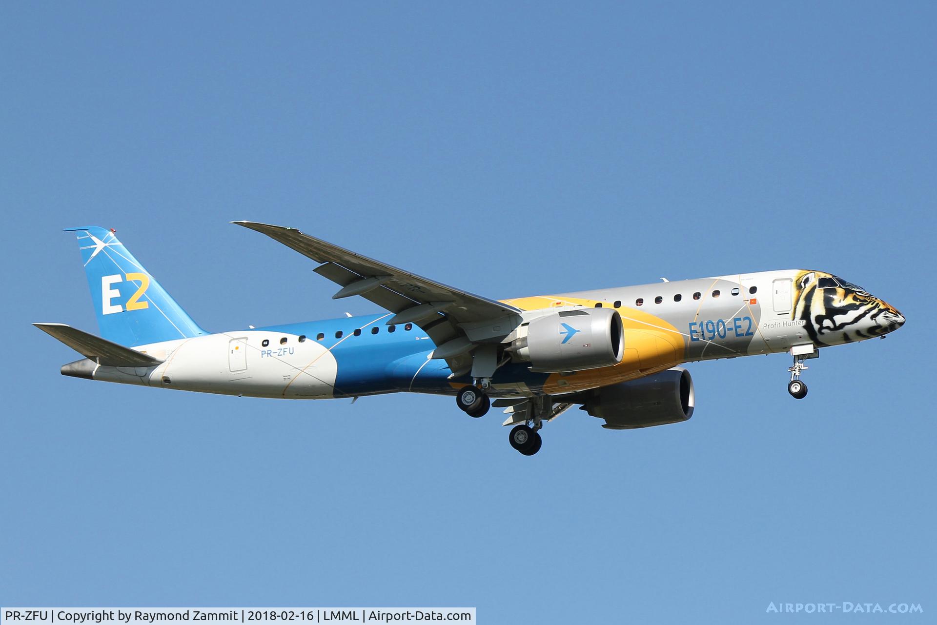 PR-ZFU, 2016 Embraer 190 E2 STD (ERJ-190-300STD) C/N 19020002, Embraer ERJ-190-E2 PR-ZFU of Embraer shown landing in Malta after participating in the Singapore Airshow