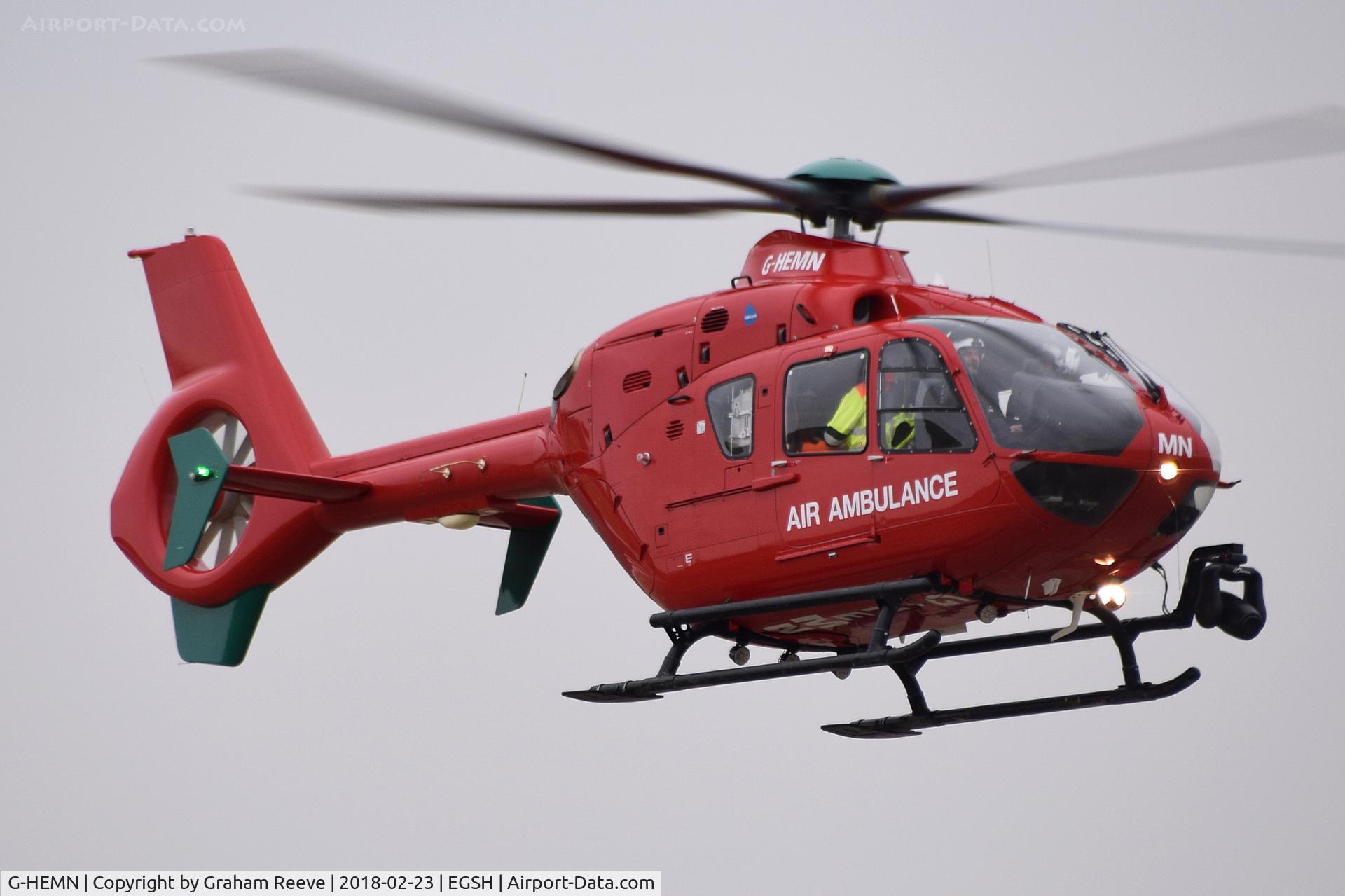 G-HEMN, 2012 Eurocopter EC-135T-2+ C/N 1070, Landing at Norwich.