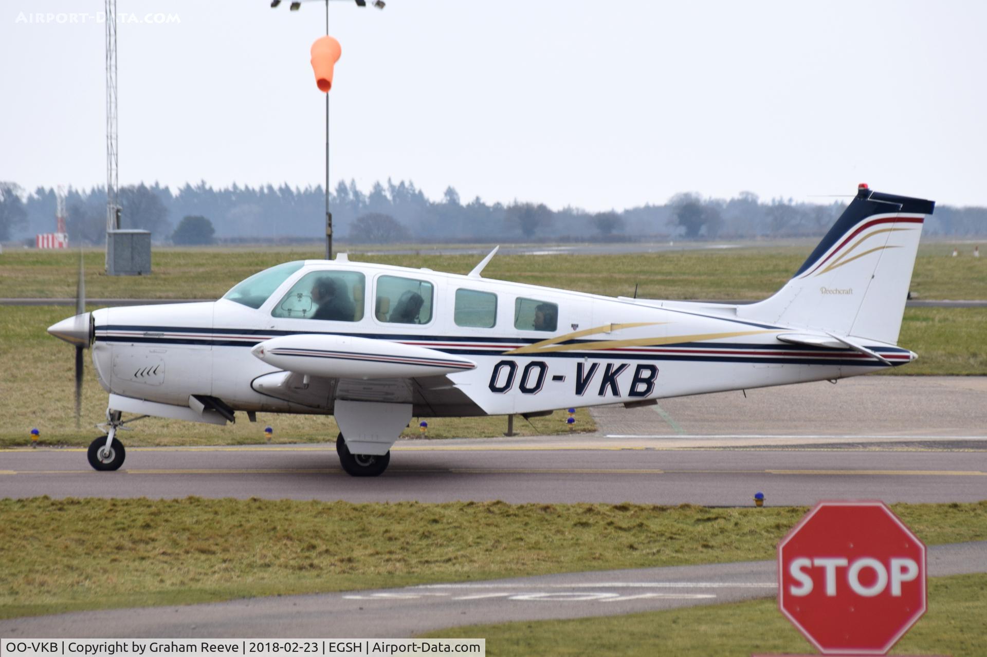 OO-VKB, 1977 Beech A36 Bonanza 36 C/N E-994, About to depart from Norwich.