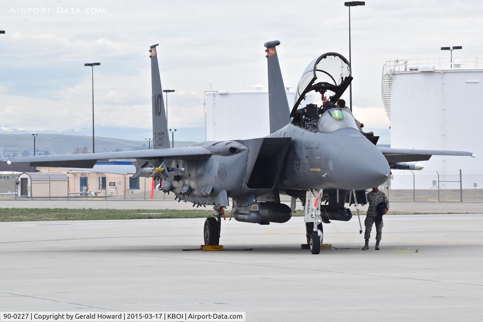 90-0227, 1990 McDonnell Douglas F-15E Strike Eagle C/N 1155/E129, Getting some maintenance on the Idaho ANG ramp. 391st Fighter Sq. 