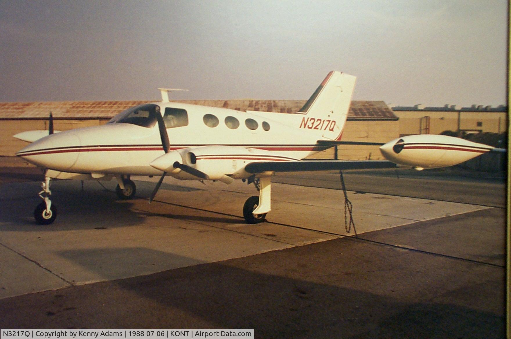 N3217Q, 1966 Cessna 401 C/N 401-0017, Cessna 401-0017 manufactured in 1966 but registered in 1967. This photo was taken in 1988 at Ontario International Airport, Ontario, California where it was parked behind Wells Aviation located on the south side of the runways.