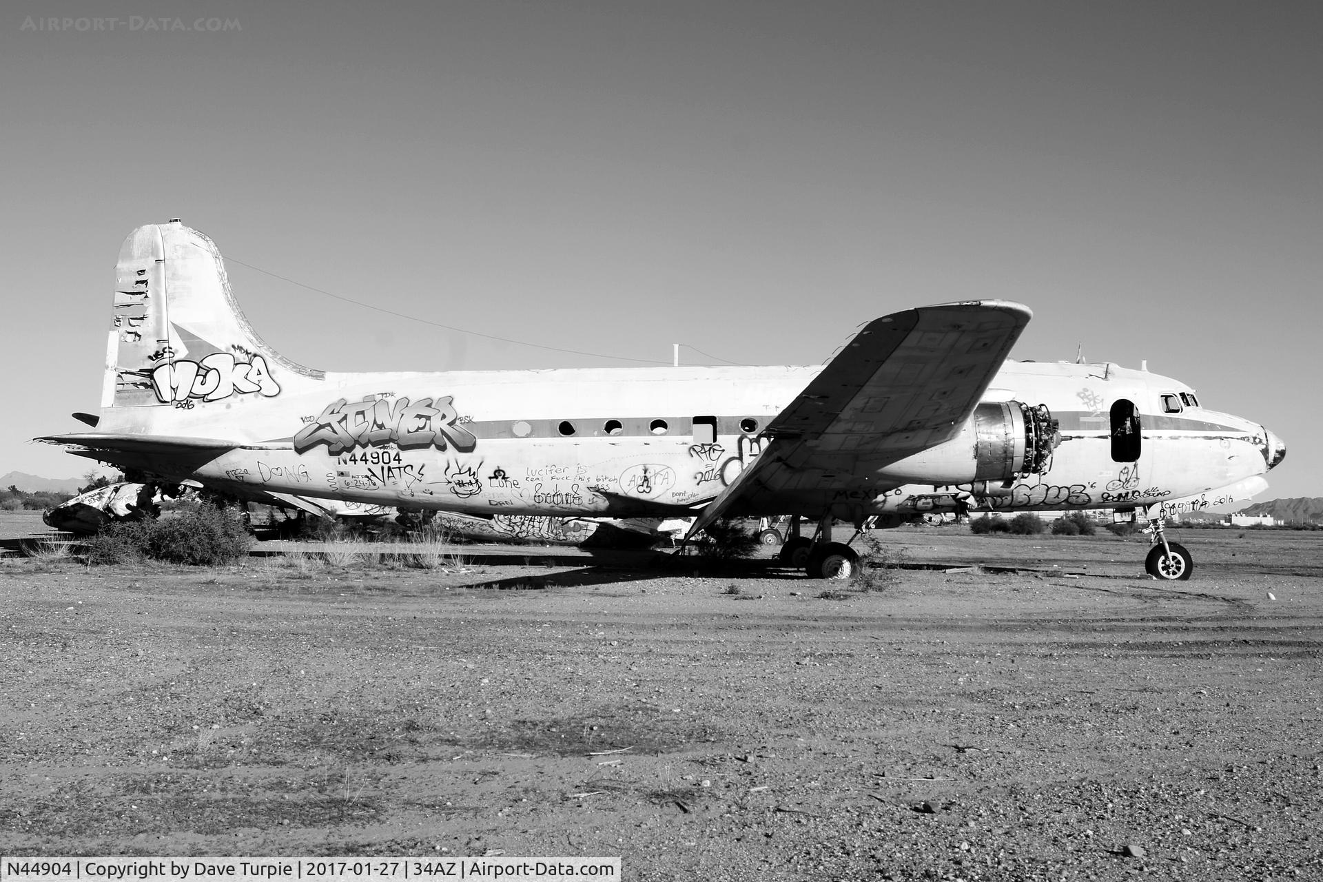 N44904, 1945 Douglas C-54Q Skymaster (DC-4) C/N 10862, Taken at the Gila River (AZ) Memorial Airport.  It's an interesting example of what neglect and clowns with spray paint can destroy.