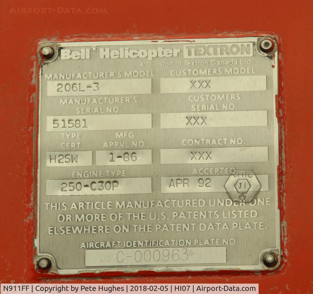 N911FF, 1992 Bell 206L-3 LongRanger III C/N 51581, N911FF Long Ranger at Waikoloa, Hawaii - not actually at the HI07 heliport but on a pad at the Fire Station about a mile north on the 19.  Manufacturer's plate.