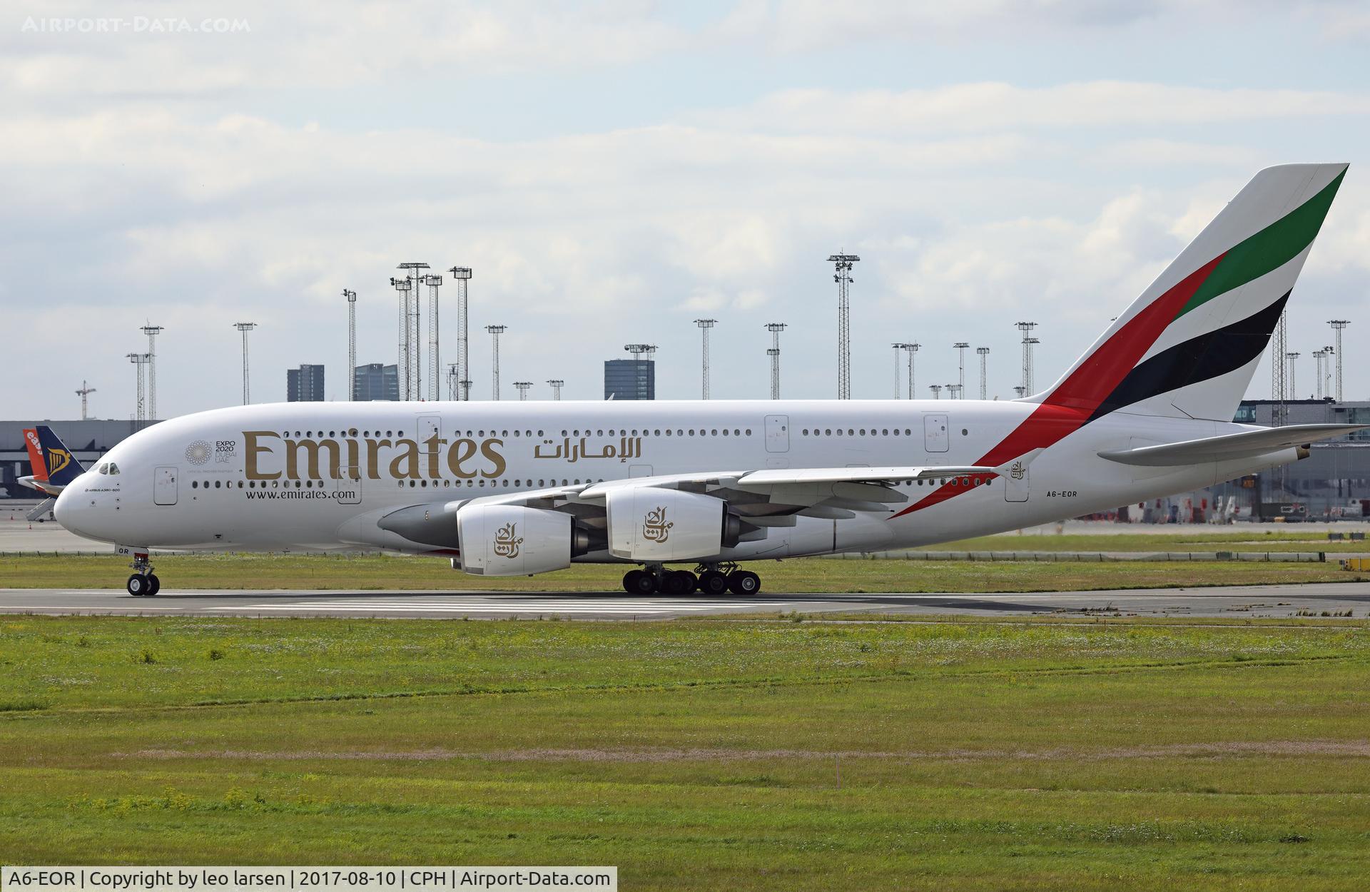A6-EOR, 2015 Airbus A380-861 C/N 202, Copenhagen 10.8.2017 taxi to R-22L for T/O