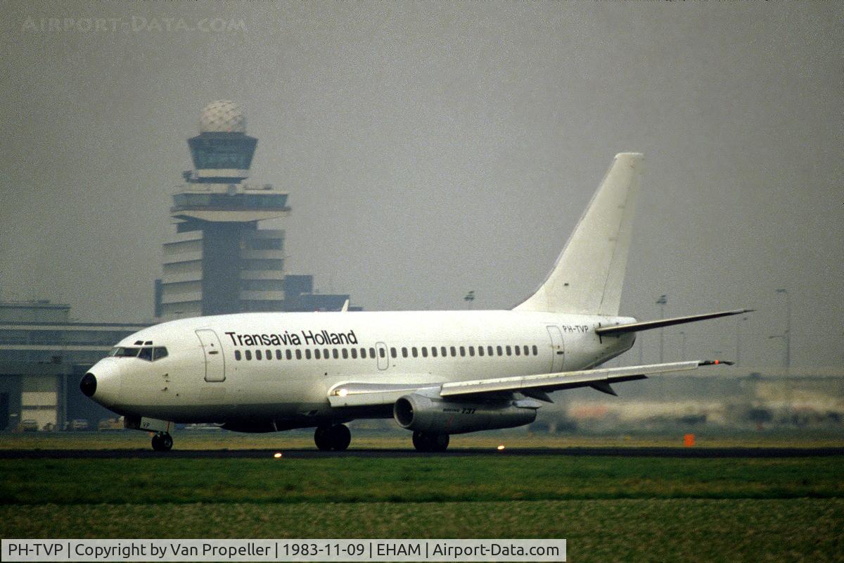 PH-TVP, 1977 Boeing 737-2K2 C/N 21397, Transavia Boeing 737-2K2 in white livery taking off from Schiphol airport, the Netherlands, 1983