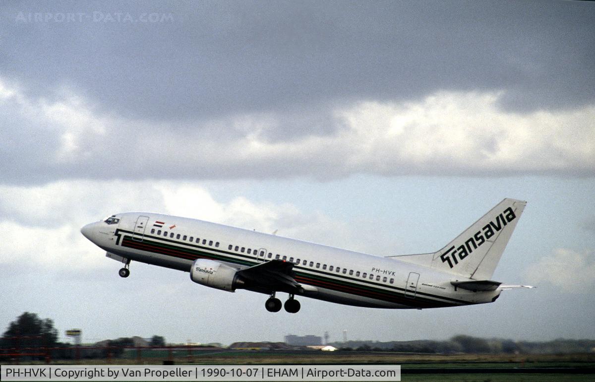 PH-HVK, 1987 Boeing 737-3K2 C/N 23786, Transavia Holland Boeing 737-3K2 taking off from Schiphol airport, the Netherlands, 1990