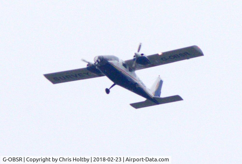 G-OBSR, 1980 Partenavia P-68 Observer C/N 236-01-OB, Distant shot in poor weather over Potters Bar, Herts