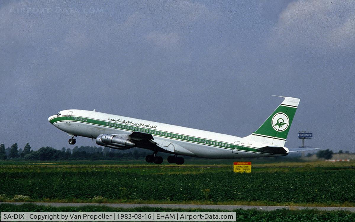 5A-DIX, 1965 Boeing 707-348C C/N 18880, United African Airlines Boeing 707-384C freighter taking off from Schiphol airport, the Netherlands, 1983
