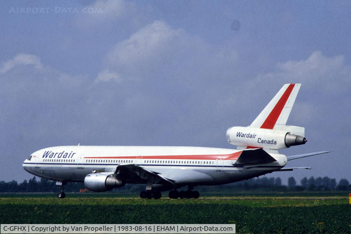 C-GFHX, 1978 McDonnell Douglas DC-10-30 C/N 46990, Wardair Canada DC-10-30 taking off from Schiphol airport, the Netherlands, 1983