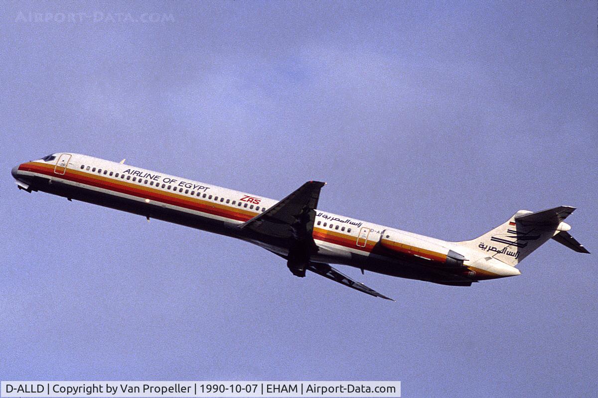 D-ALLD, 1986 McDonnell Douglas MD-83 (DC-9-83) C/N 49402, ZAS Airline of Egypt MD-83 taking off from Schiphol airport, the Netherlands, 1990. Leased from Aero Lloyd of Germany.
