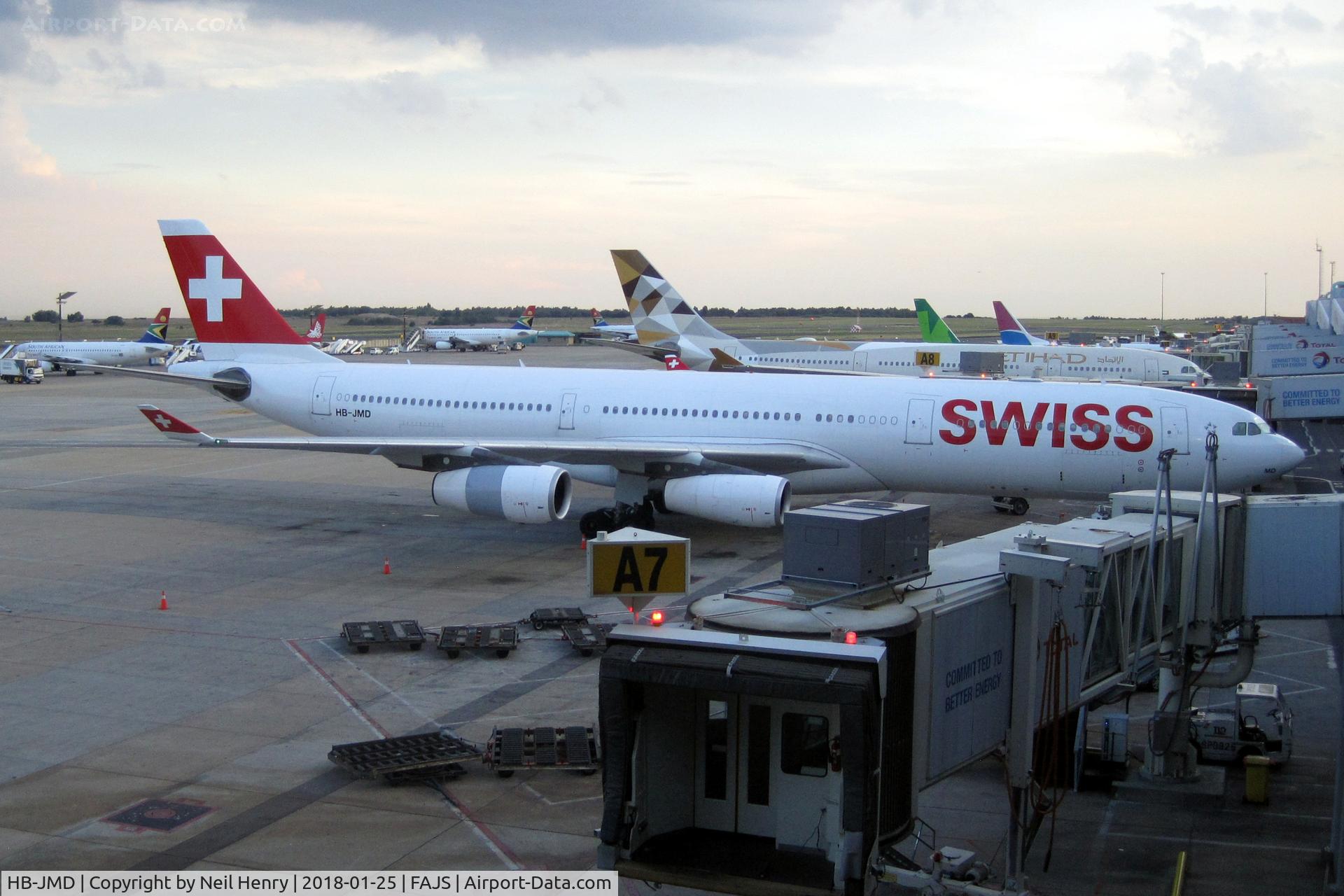 HB-JMD, 2003 Airbus A340-313 C/N 556, Seen from Terminal A at JNB around 7pm on 25Jan2018