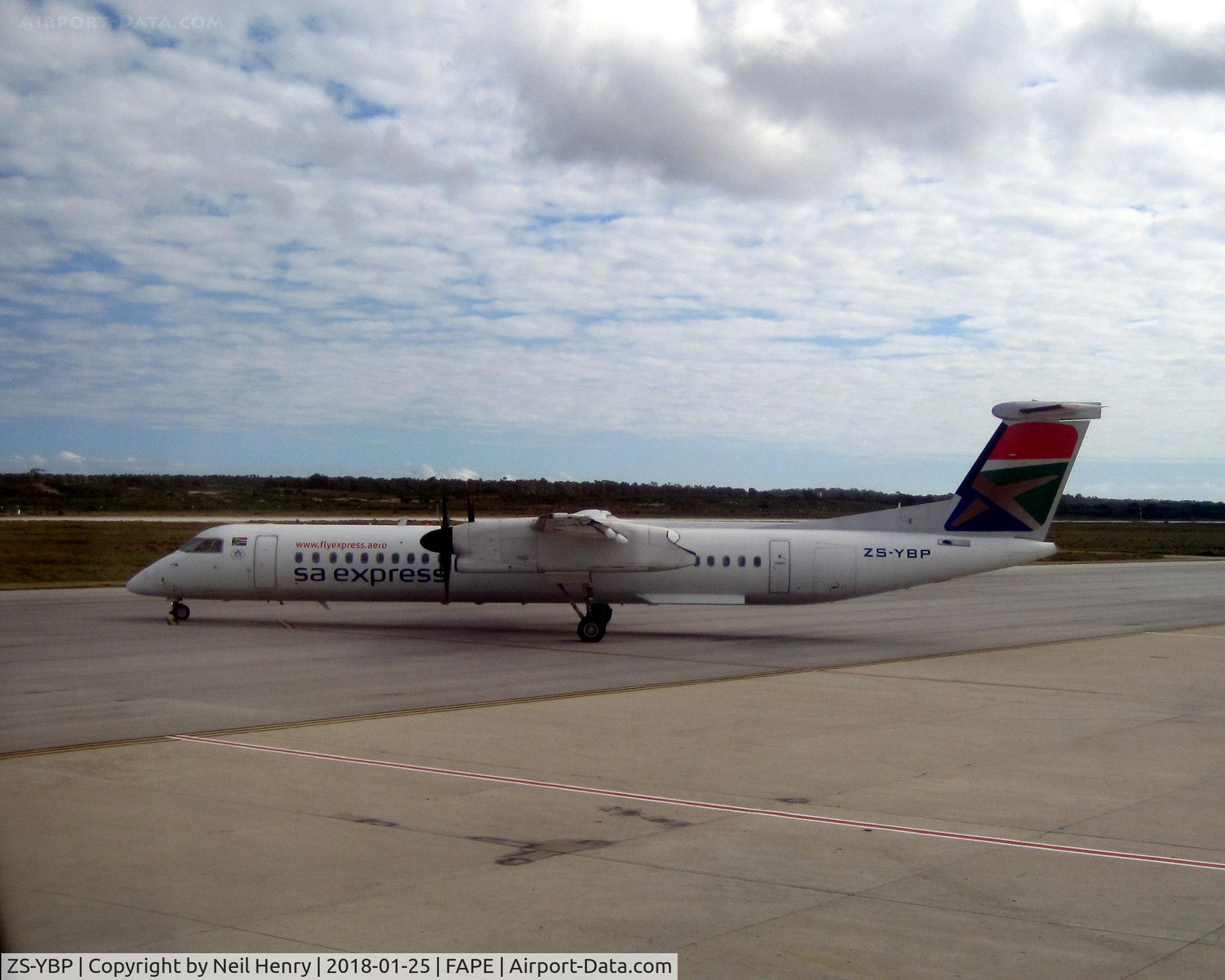 ZS-YBP, 2006 De Havilland Canada DHC-8-402Q Dash 8 C/N 4142, seen at Port Elizabeth from departing flight about 16:30 on 25 January 2018