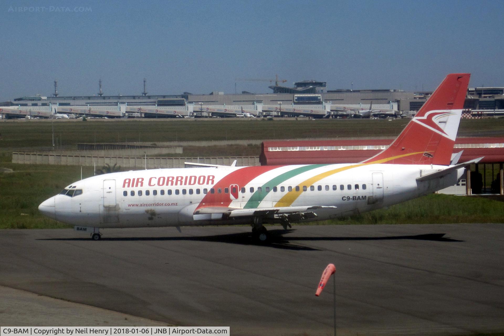 C9-BAM, 1979 Boeing 737-2P6 C/N 21733, Seen from arriving flight at Johannesburg (JNB) on 06 January 2018.  Aircraft was parked distant from terminals and hangers and appears to be lacking (at least) its port side engine.