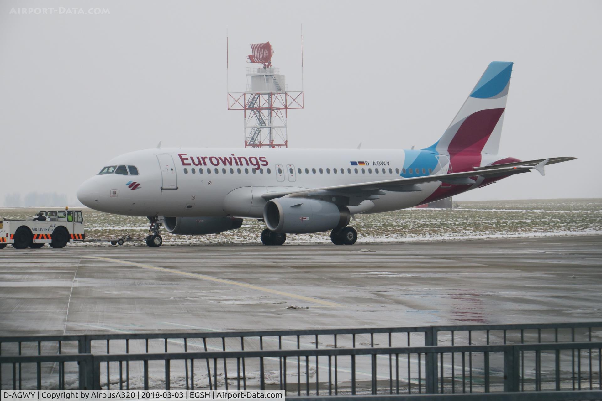 D-AGWY, 2013 Airbus A319-132 C/N 5941, Rolled out in Eurowings livery on a nice snowy day at Norwich