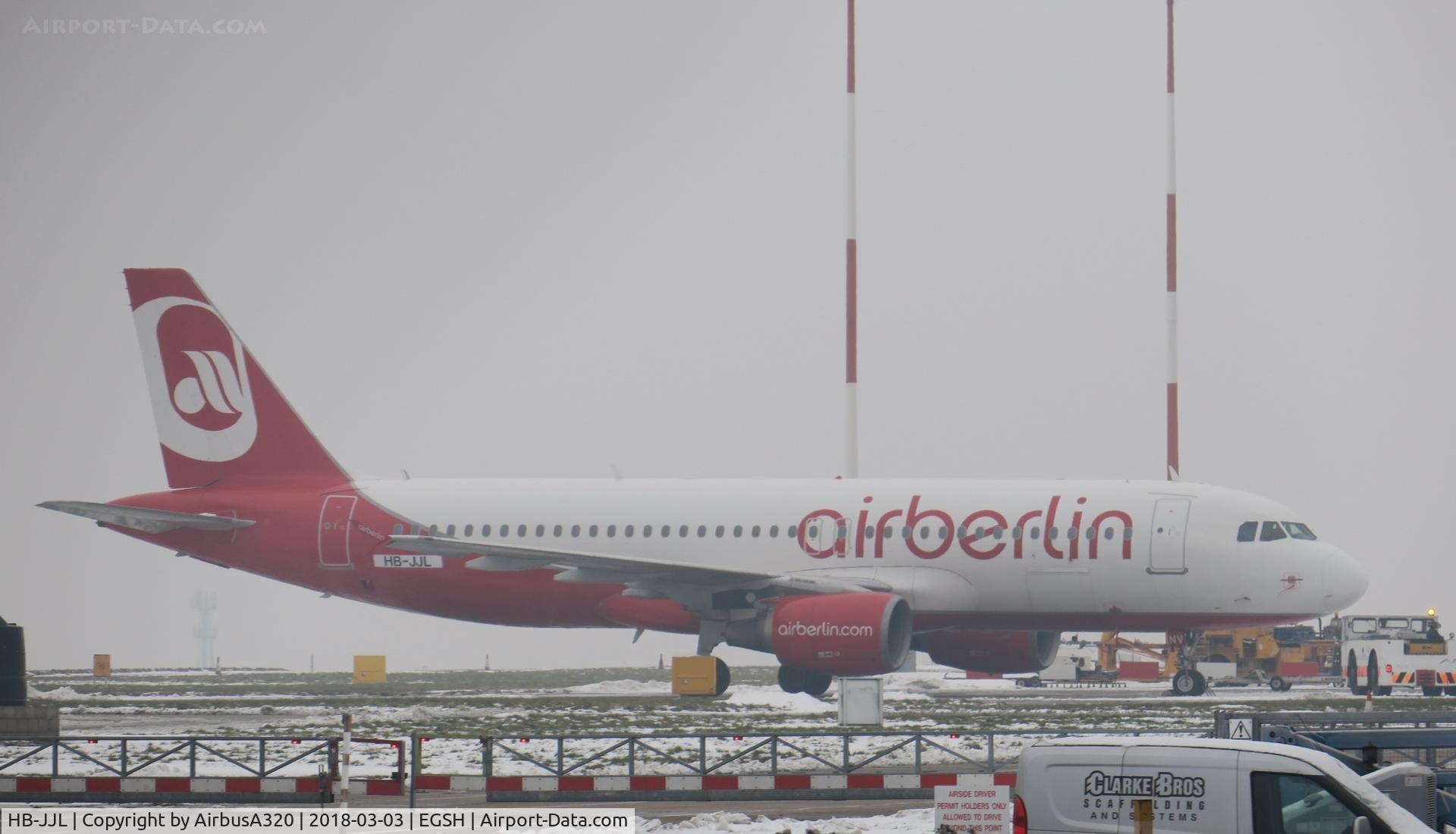 HB-JJL, 2005 Airbus A320-214 C/N 2606, Former Air Berlin recently added to Edelweiss Air fleet seen at Norwich in Air Berlin livery about to enter the paint shop