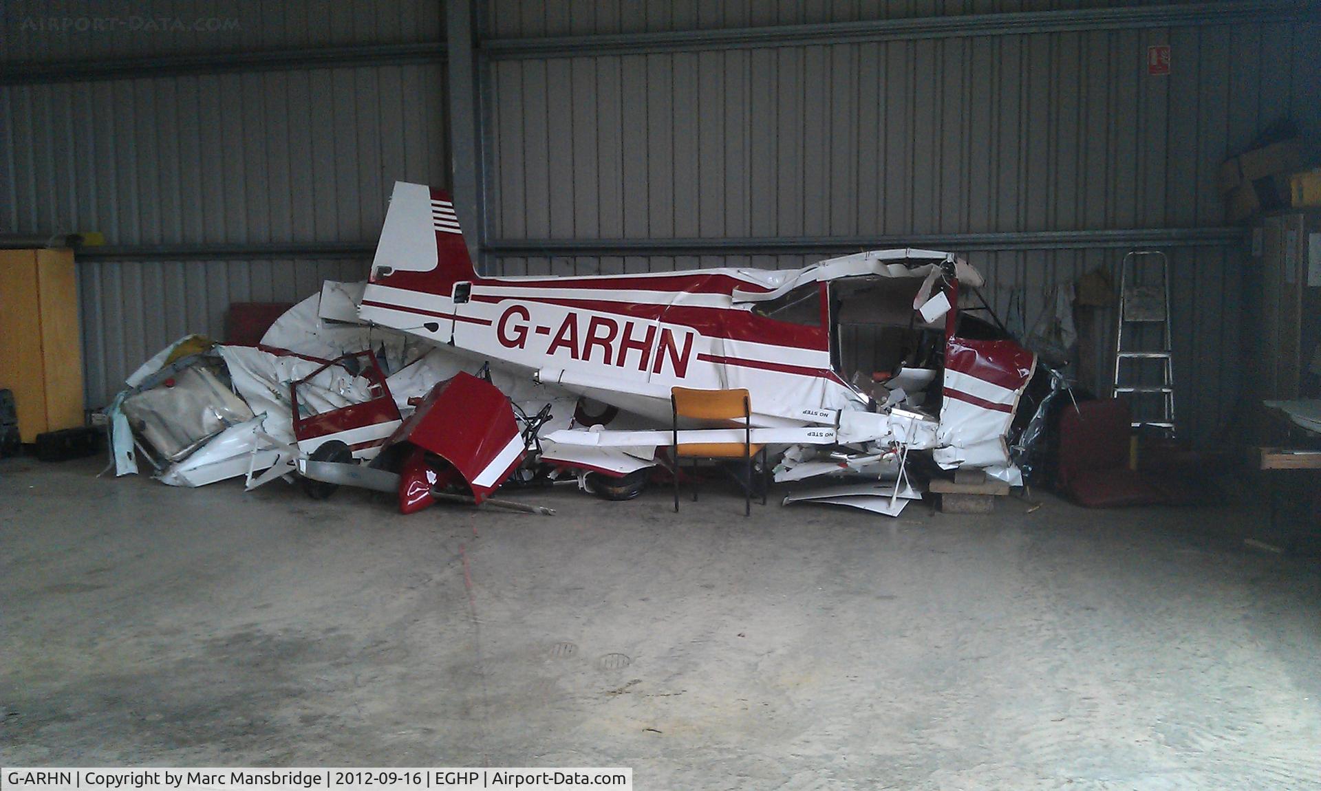G-ARHN, 1960 Piper PA-22-150 Caribbean C/N 22-7514, The wreckage of G-ARHN PA22 at Popham airfield EGHP 1 day after crashing in Blackwood forest on the 15/09/2012. It was only in the air for one week after being repaired after it's first crash in Totton on the 9 September 2010.