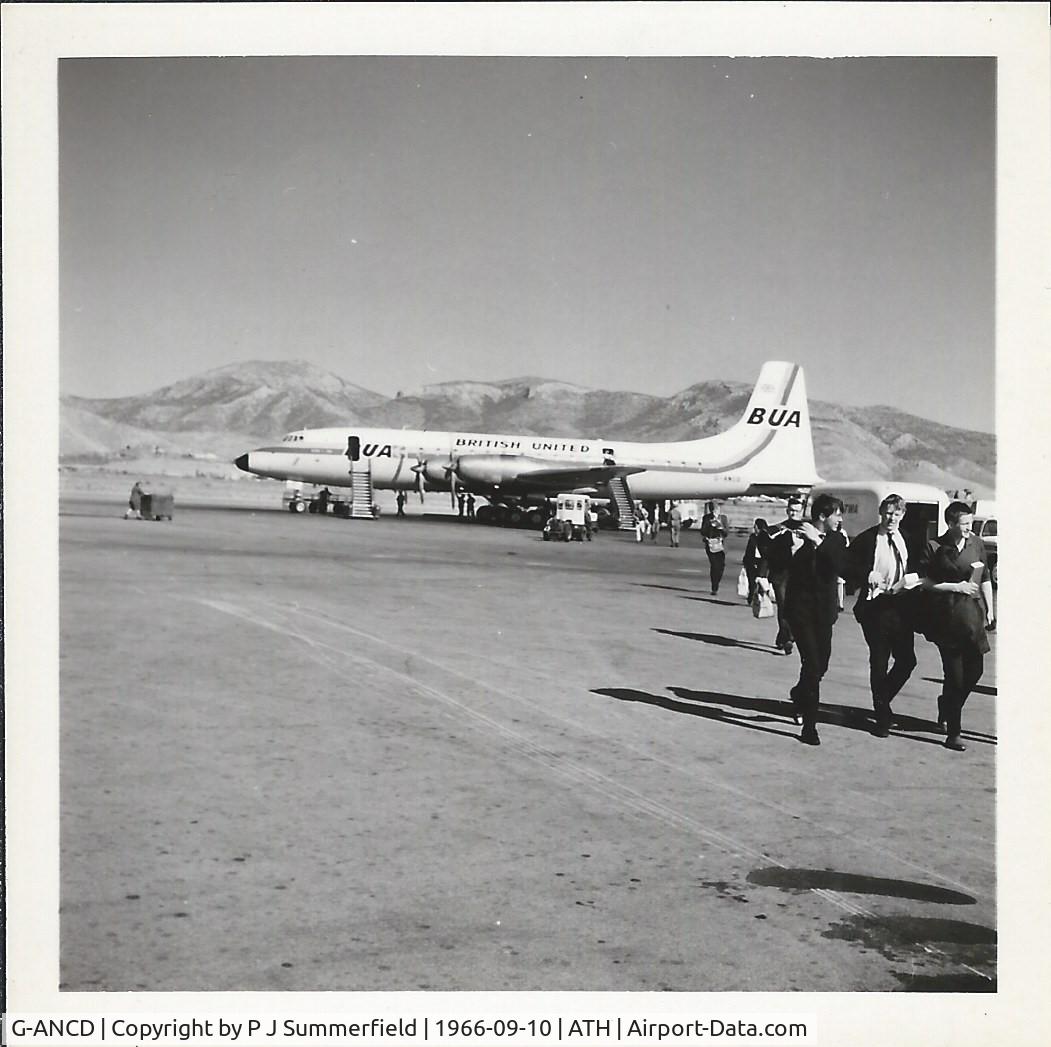G-ANCD, 1958 Bristol 175 Britannia 307F C/N 12920, Bristol Britannia G-ANCD of British United Airways; just landed at ATH  Athens Airport from EDI on a student charter flight in mid September 1966. (I think it was on Sat 10th, or maybe 17th Sep.) The one-way ticket cost £25 in 1966!
