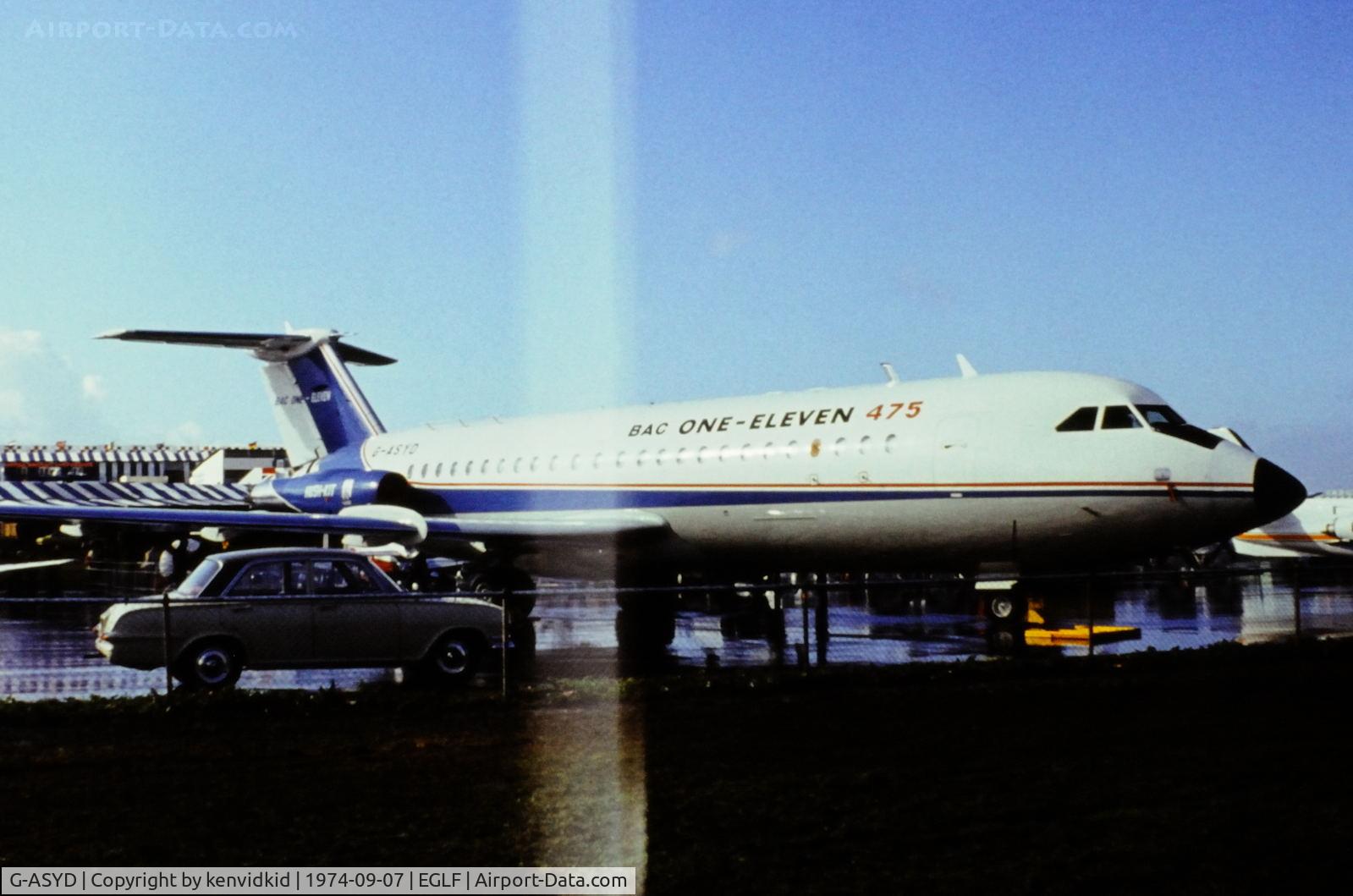 G-ASYD, 1965 BAC 111-475AM One-Eleven C/N BAC.053, At the 1974 SBAC show, copied from slide.