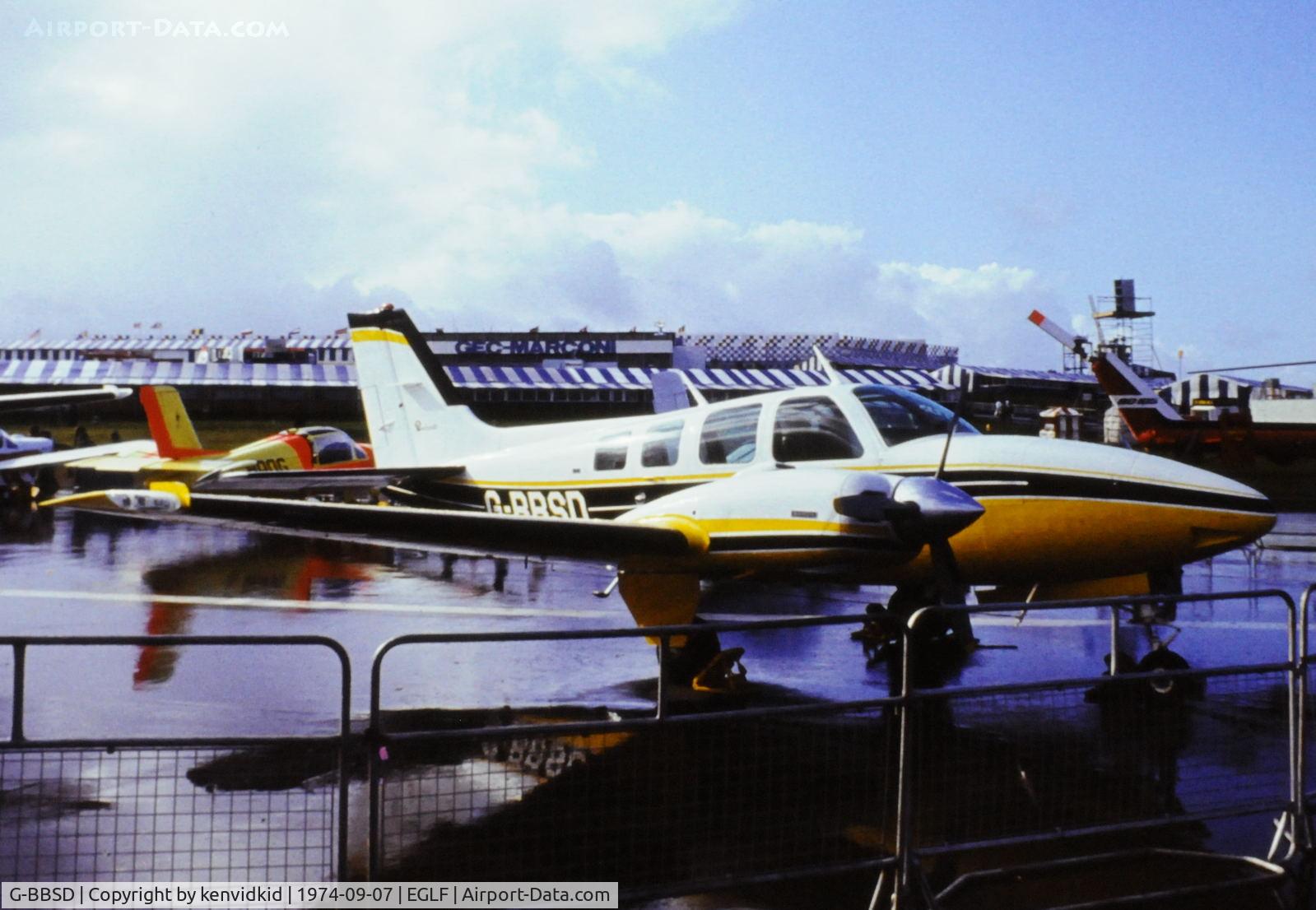 G-BBSD, 1973 Beech 58 Baron C/N TH-429, At the 1974 SBAC show, copied from slide.