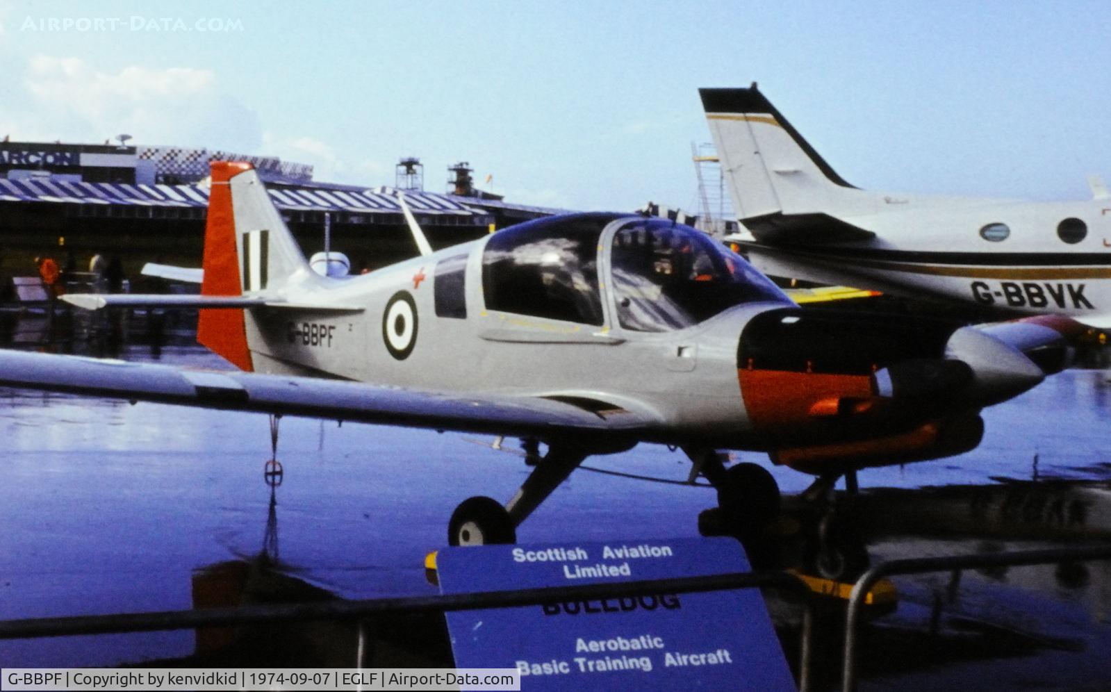 G-BBPF, 1974 Scottish Aviation Bulldog Series 120 Model 123 C/N BH120/282, At the 1974 SBAC show, copied from slide. Became NAF 328 of the Nigerian Air Force.