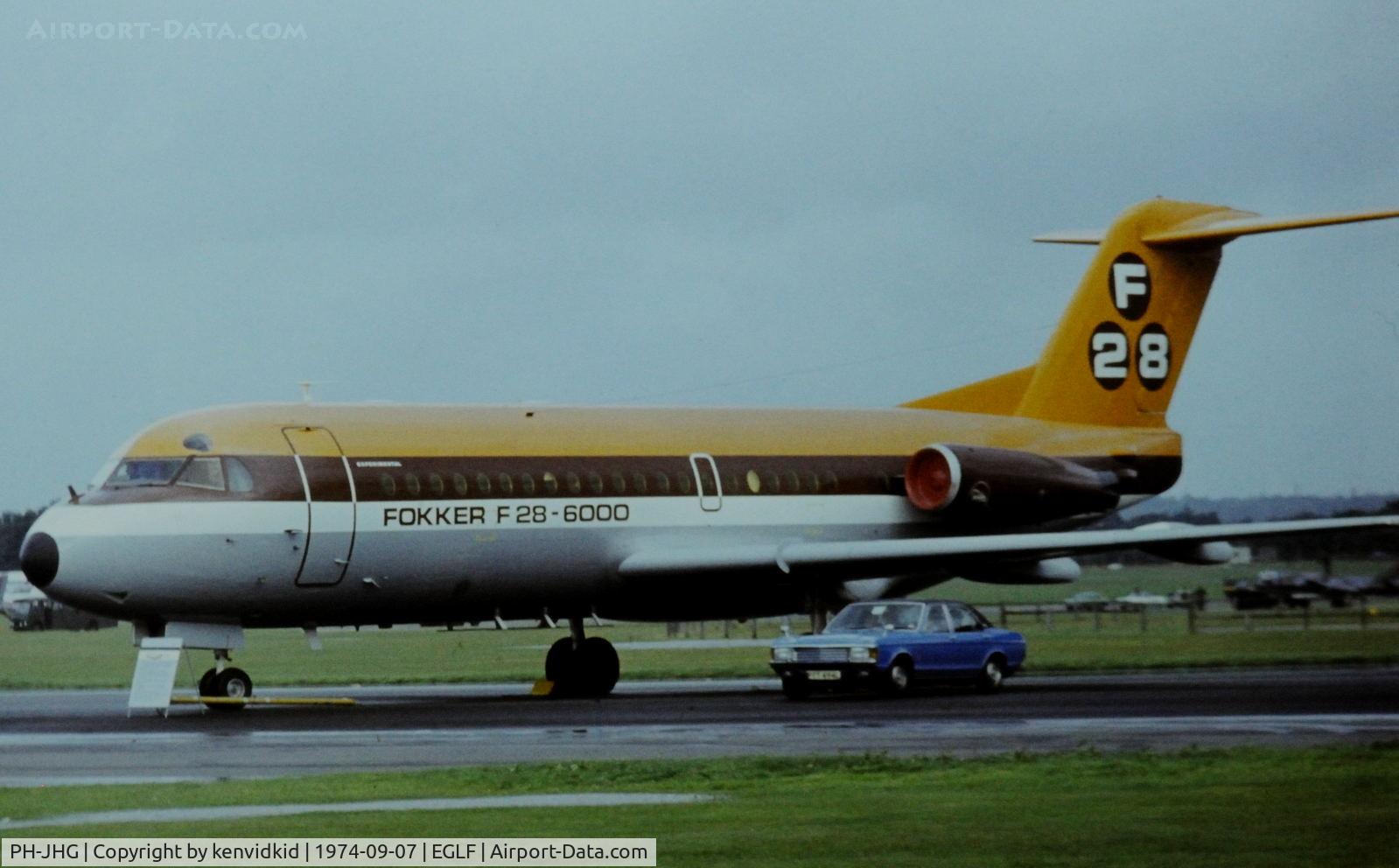 PH-JHG, 1967 Fokker F.28-6000 Fellowship C/N 11001, At the 1974 SBAC show, copied from slide.
