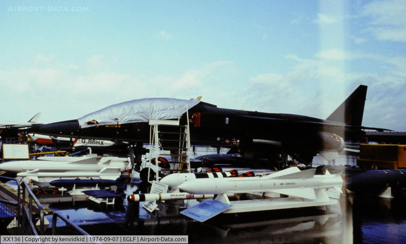 XX136, 1973 Sepecat Jaguar T.2 C/N B.1, At the 1974 SBAC show, copied from slide.