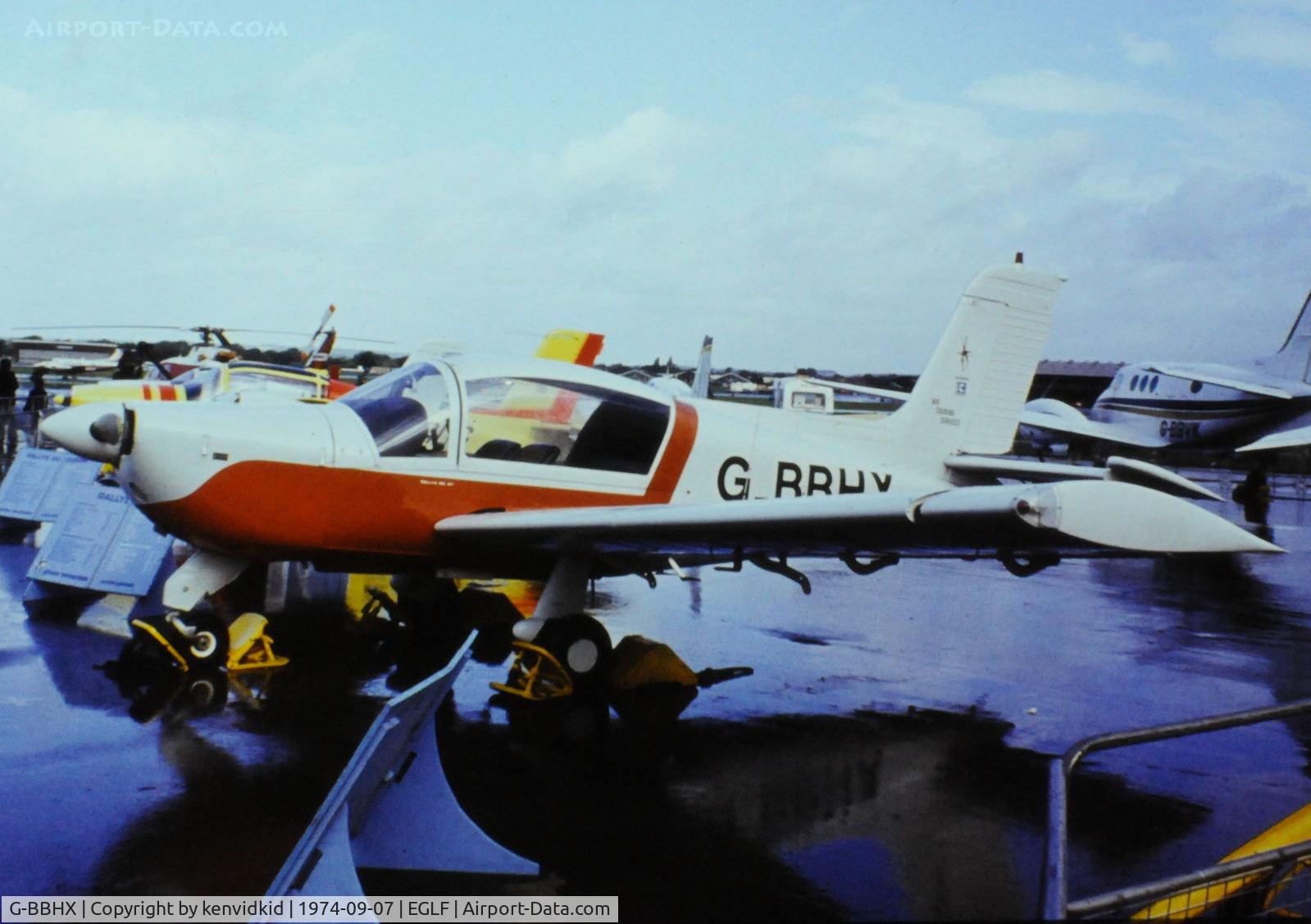 G-BBHX, 1973 Socata MS-893E Rallye 180GT Gaillard C/N 12211, At the 1974 SBAC show, copied from slide.