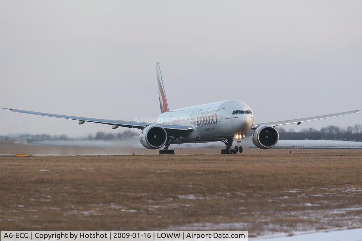 A6-ECG, 2008 Boeing 777-31H/ER C/N 35579, Then pretty new big 777 rotates in snowy condition