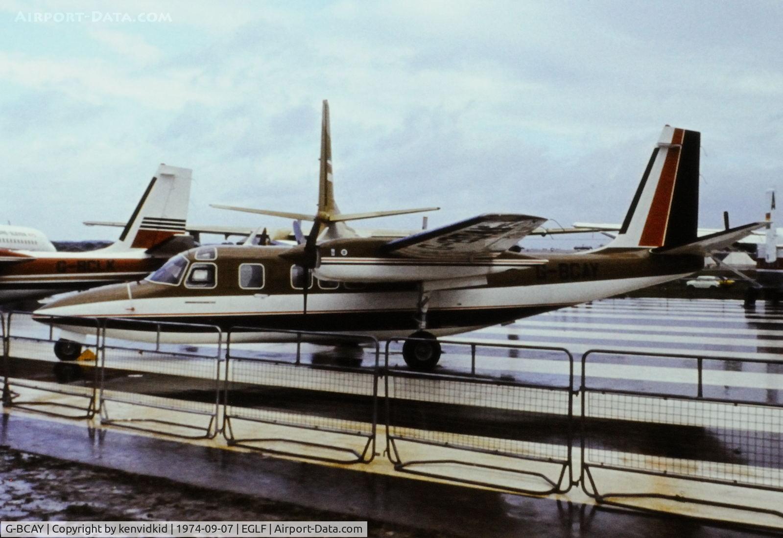 G-BCAY, 1973 Rockwell Commander 685 C/N 12053, At the 1974 SBAC show, copied from slide.