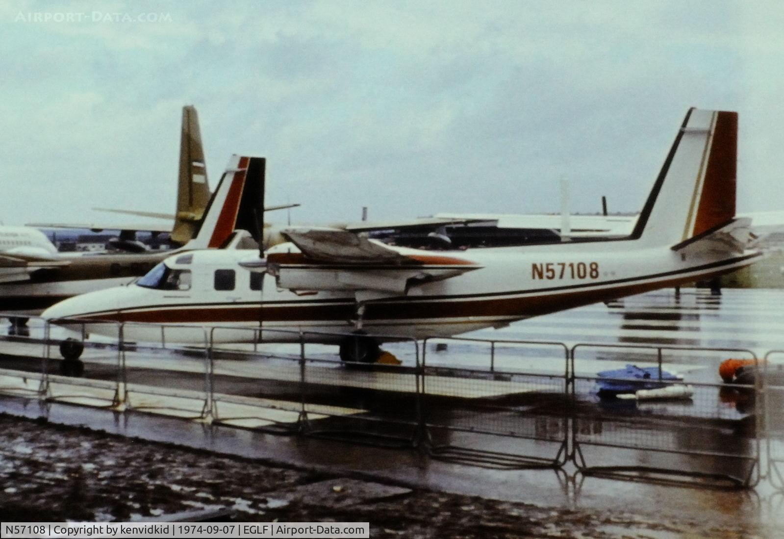 N57108, 1973 Aero Commander 690A Turbo Commander C/N 11108, At the 1974 SBAC show, copied from slide.