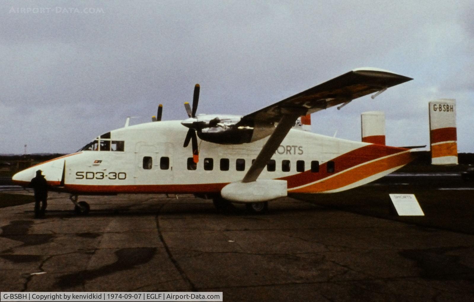 G-BSBH, 1974 Short 330 C/N SH.3000, At the 1974 SBAC show, copied from slide.