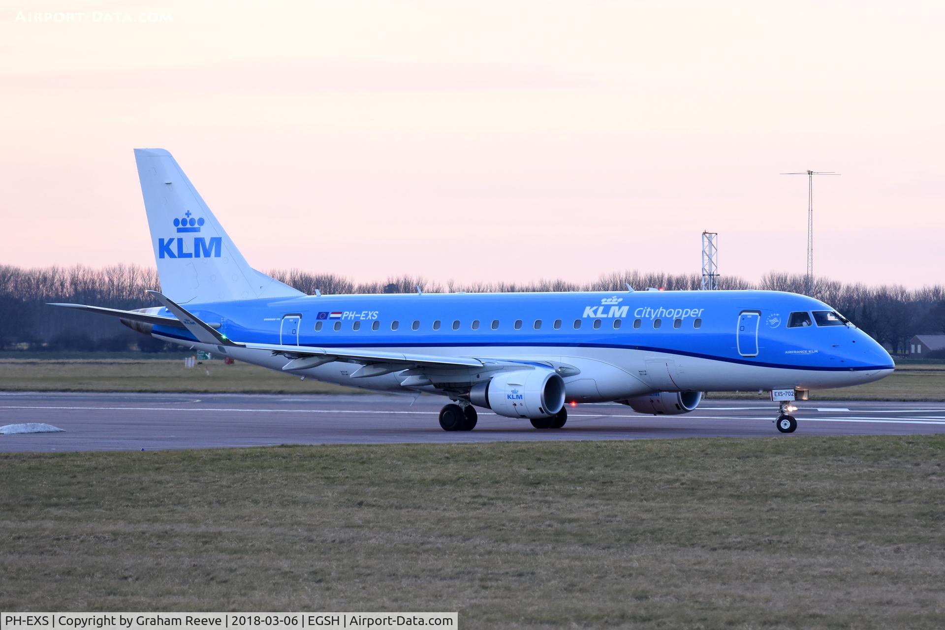 PH-EXS, 2017 Embraer 175STD (ERJ-170-200STD) C/N 17000702, Departing from Norwich, late in the afternoon.
