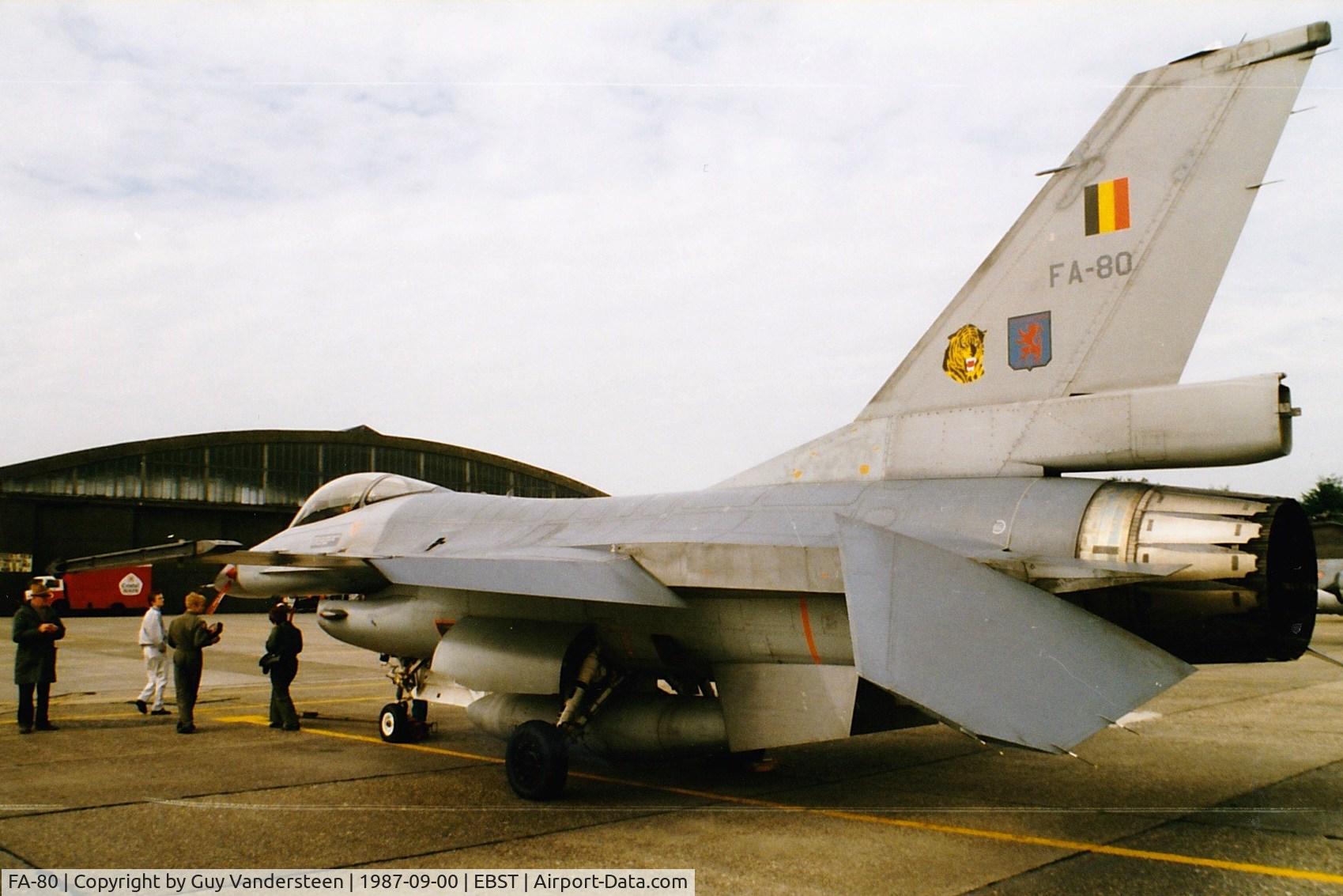 FA-80, SABCA F-16AM Fighting Falcon C/N 6H-80, BAF F-16A FA80 (31 Tiger Sqn) at EBST Sept 87 (crashed Geetbets Belgium 29 April 1997)