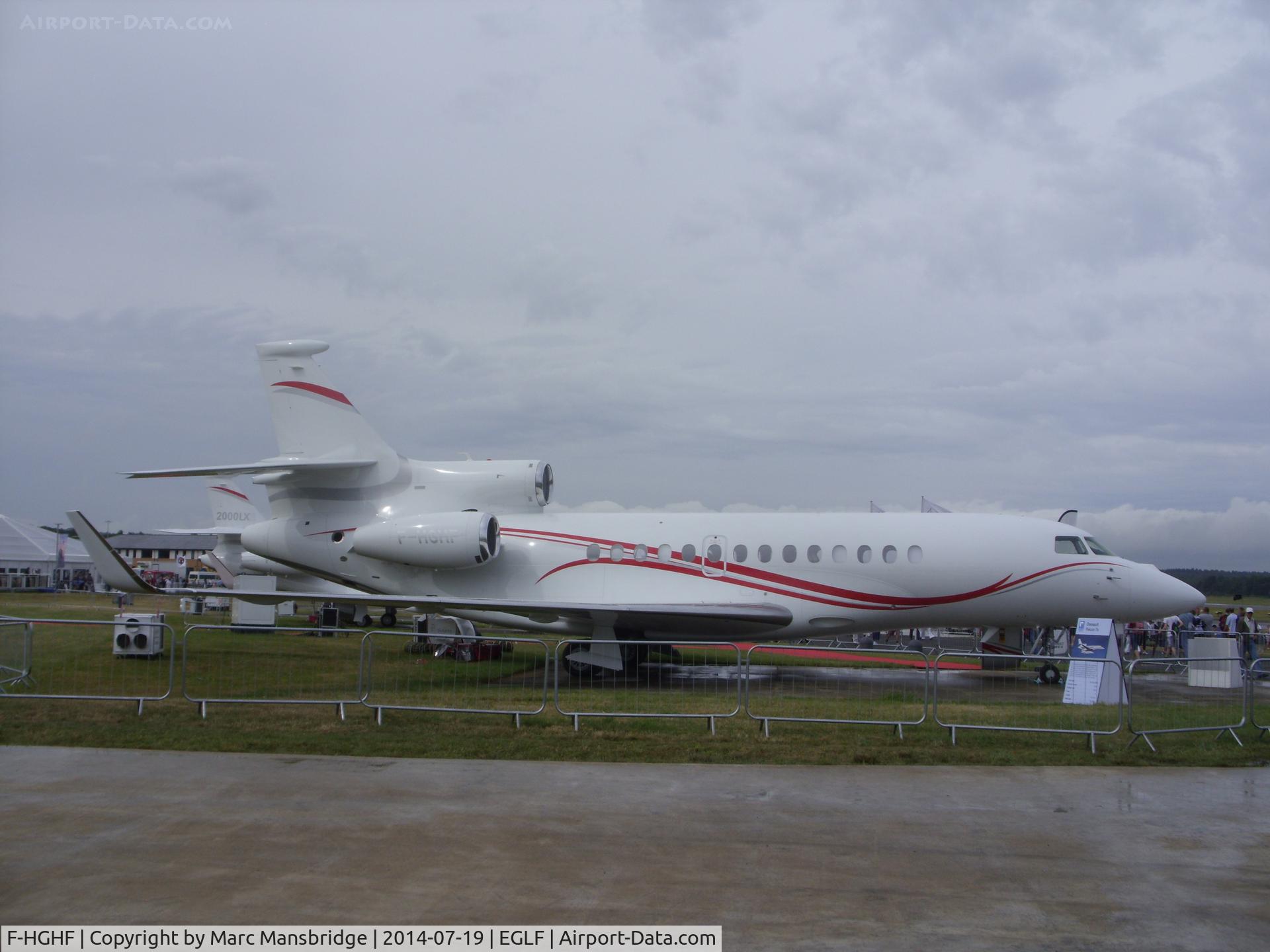 F-HGHF, 2013 Dassault Falcon 7X C/N 207, parked at Farnborough airport EGLF among the static display aircratf on an airshow day