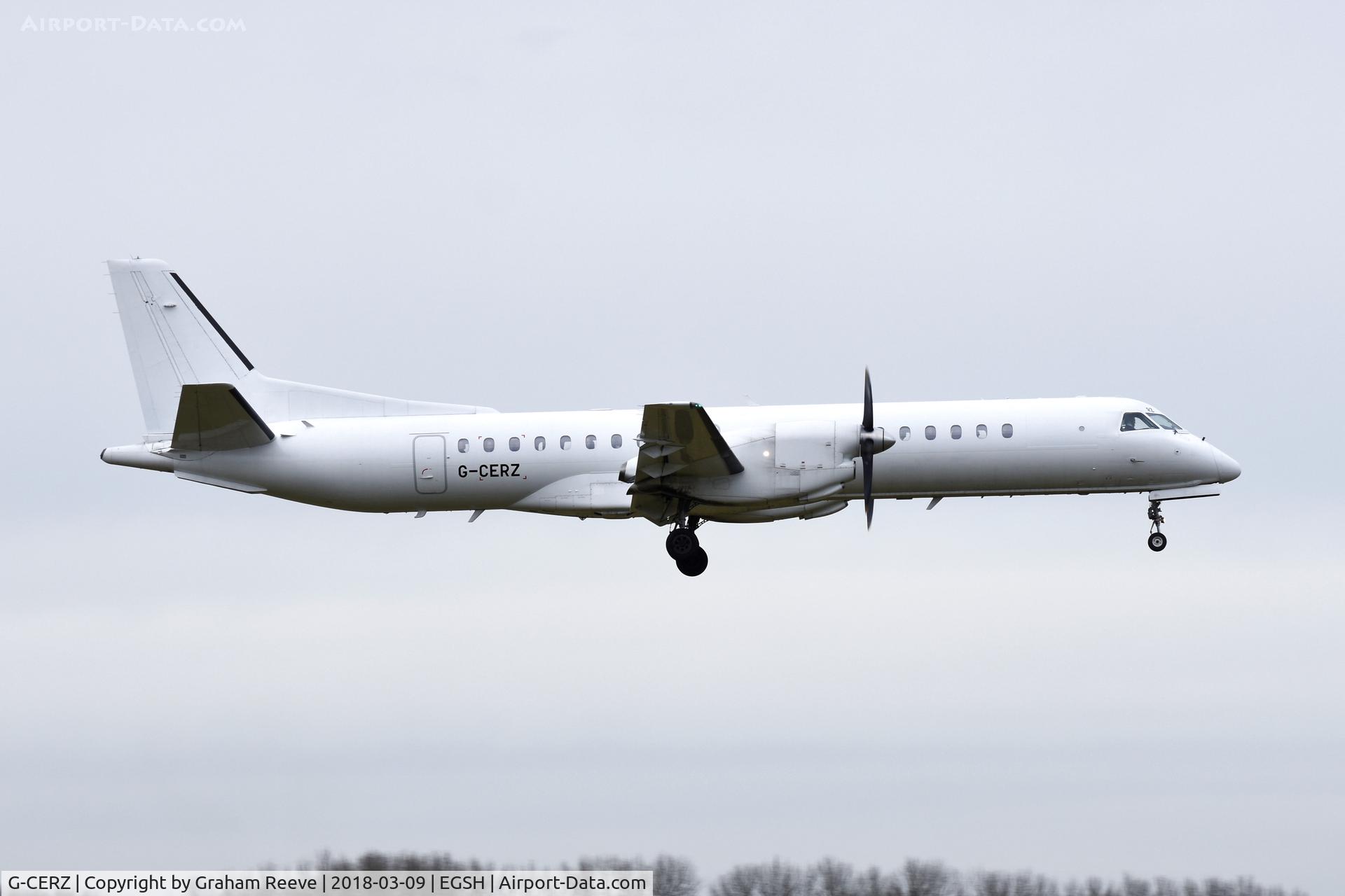G-CERZ, 1997 Saab 2000 C/N 2000-042, Landing at Norwich.