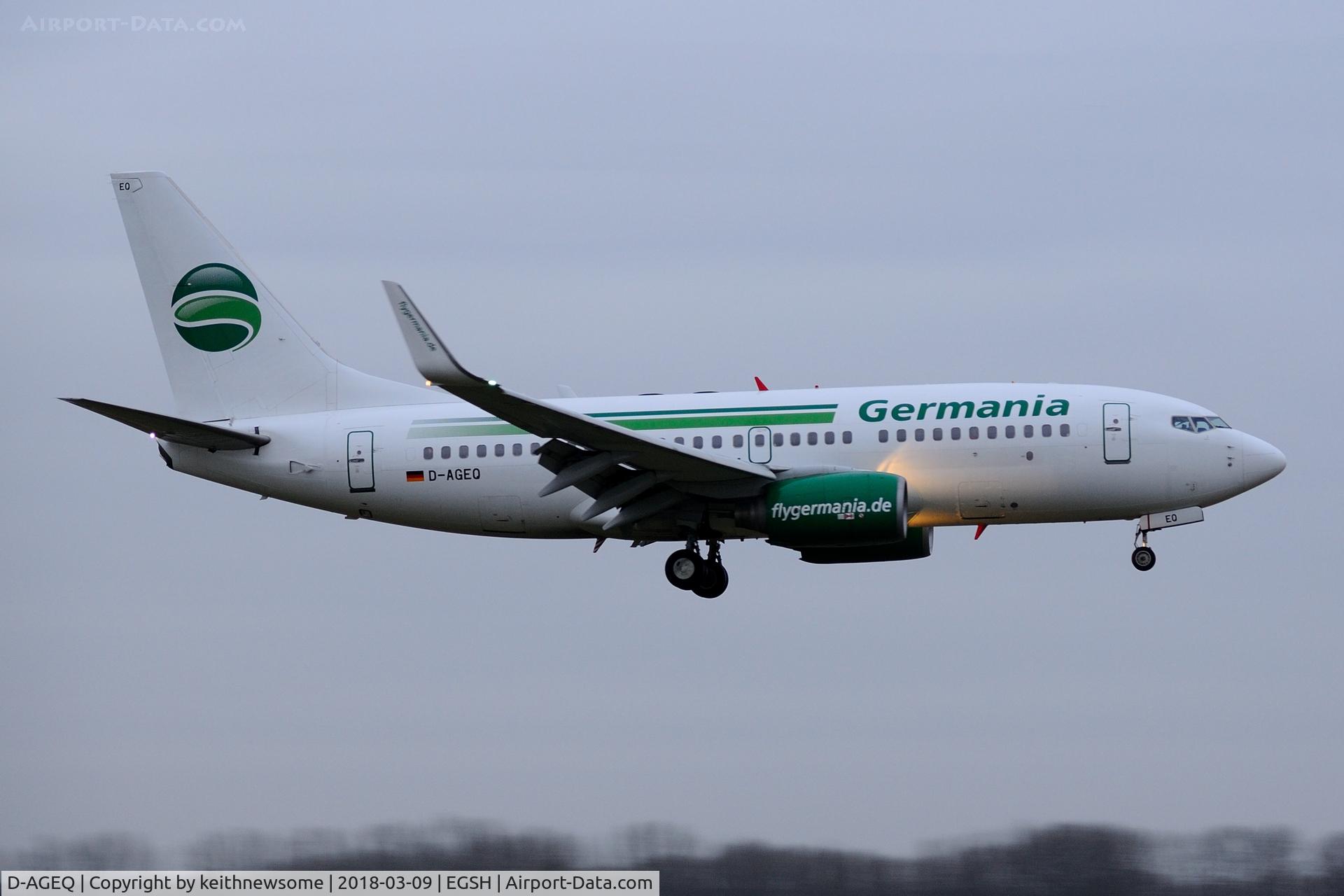 D-AGEQ, 1998 Boeing 737-75B C/N 28103, Arriving at Norwich from Tromso.