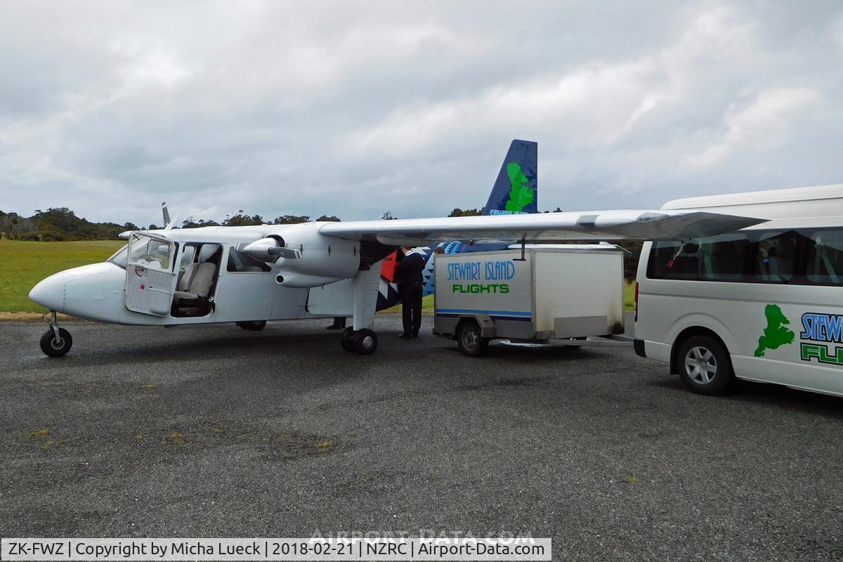 ZK-FWZ, Britten-Norman BN-2A-26 Islander C/N 52, Just arrived on Stewart Island. There is no terminal building - passengers are shuttled to town where the 