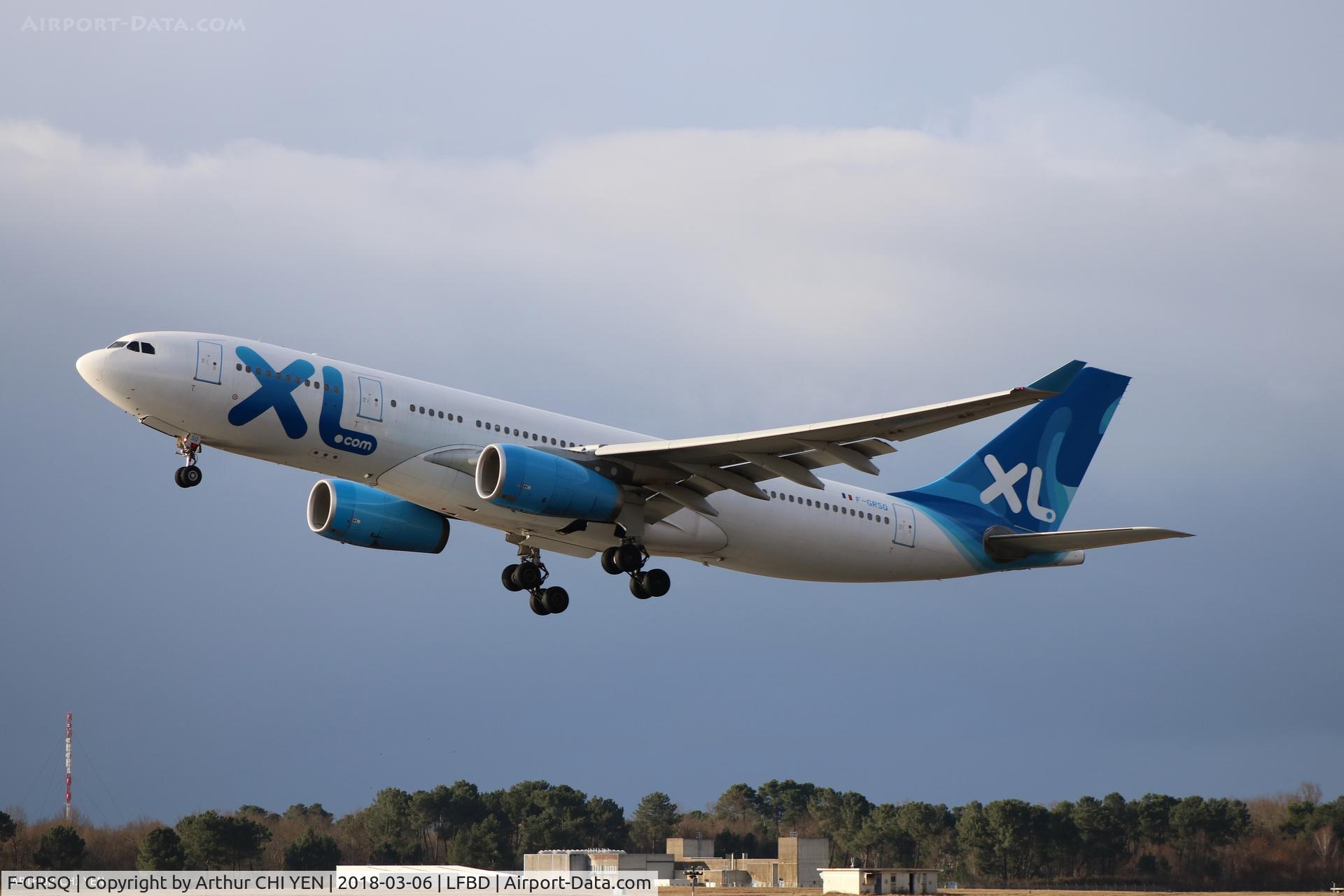 F-GRSQ, 2002 Airbus A330-243 C/N 501, XL Airways A330 taking off to FDF