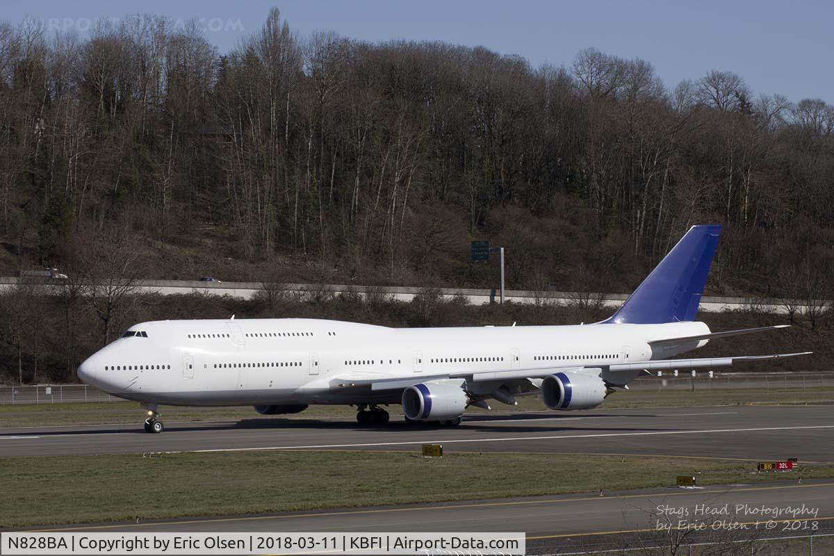 N828BA, 2011 Boeing 747-830 C/N 37826, The first 747-8 passenger jet getting ready to depart Boeing Field.