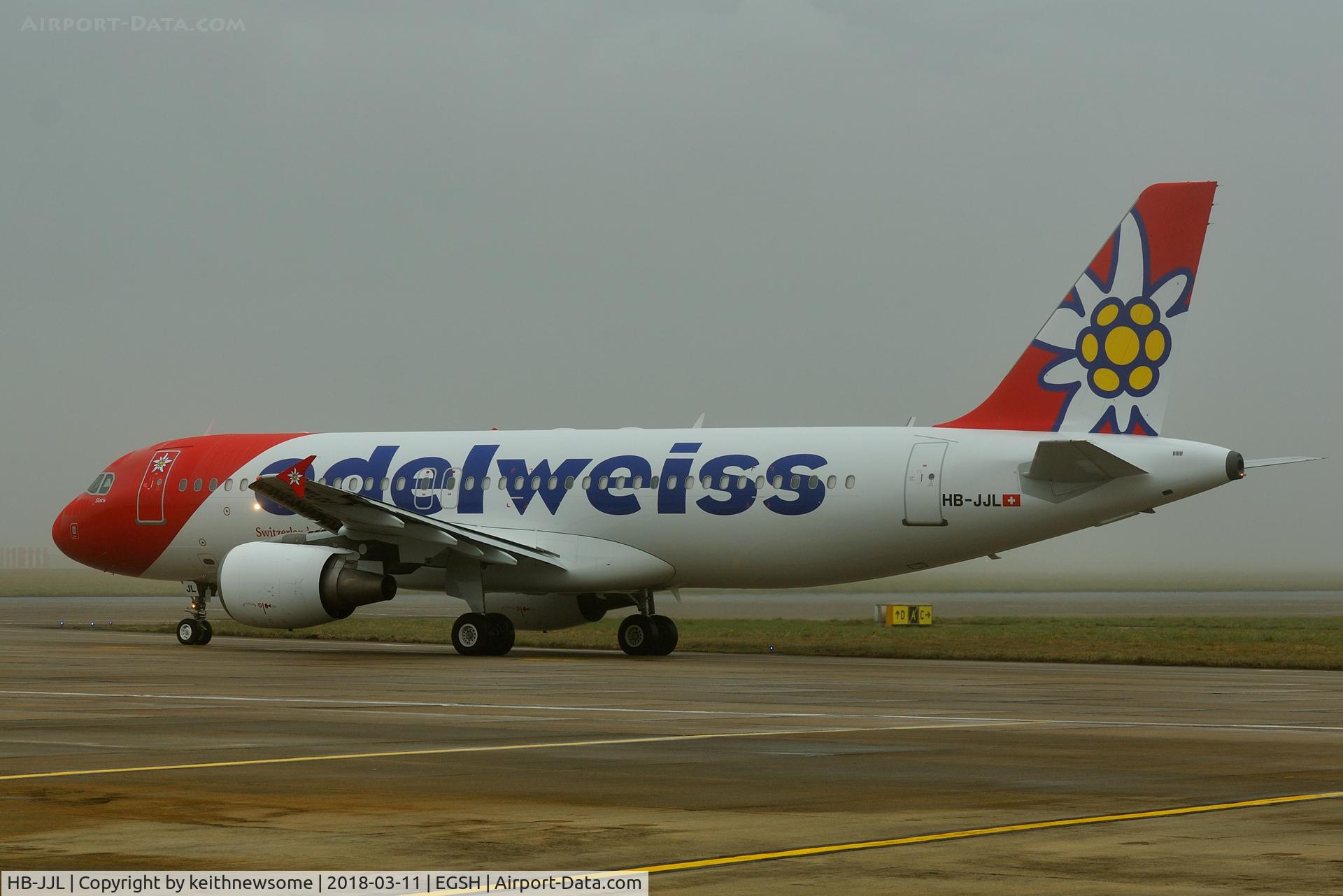 HB-JJL, 2005 Airbus A320-214 C/N 2606, Formerly D-ABNV with Air Berlin, leaving foggy Norwich with Edelweiss colour scheme.