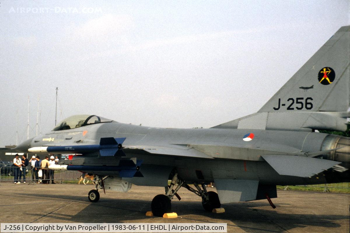 J-256, Fokker F-16A Fighting Falcon C/N 6D-45, RNLAF 323 sqn General Dynamics F-16A Fighting Falcon at Deelen Air Base 1983. Note Tu-95 Bear markings on nose and tail