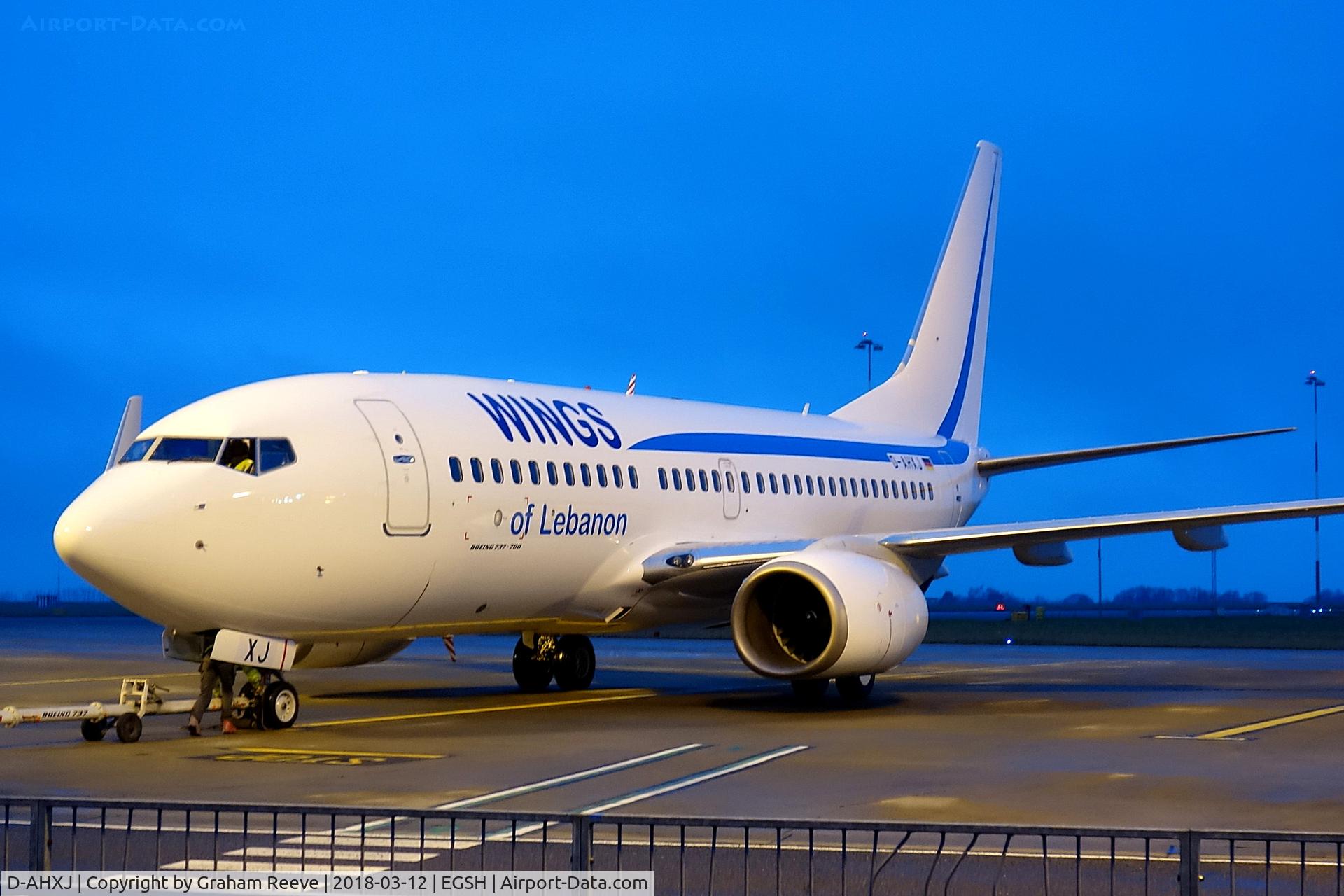 D-AHXJ, 2008 Boeing 737-7Q8 C/N 35277, Parked on stand in new livery at Norwich.
