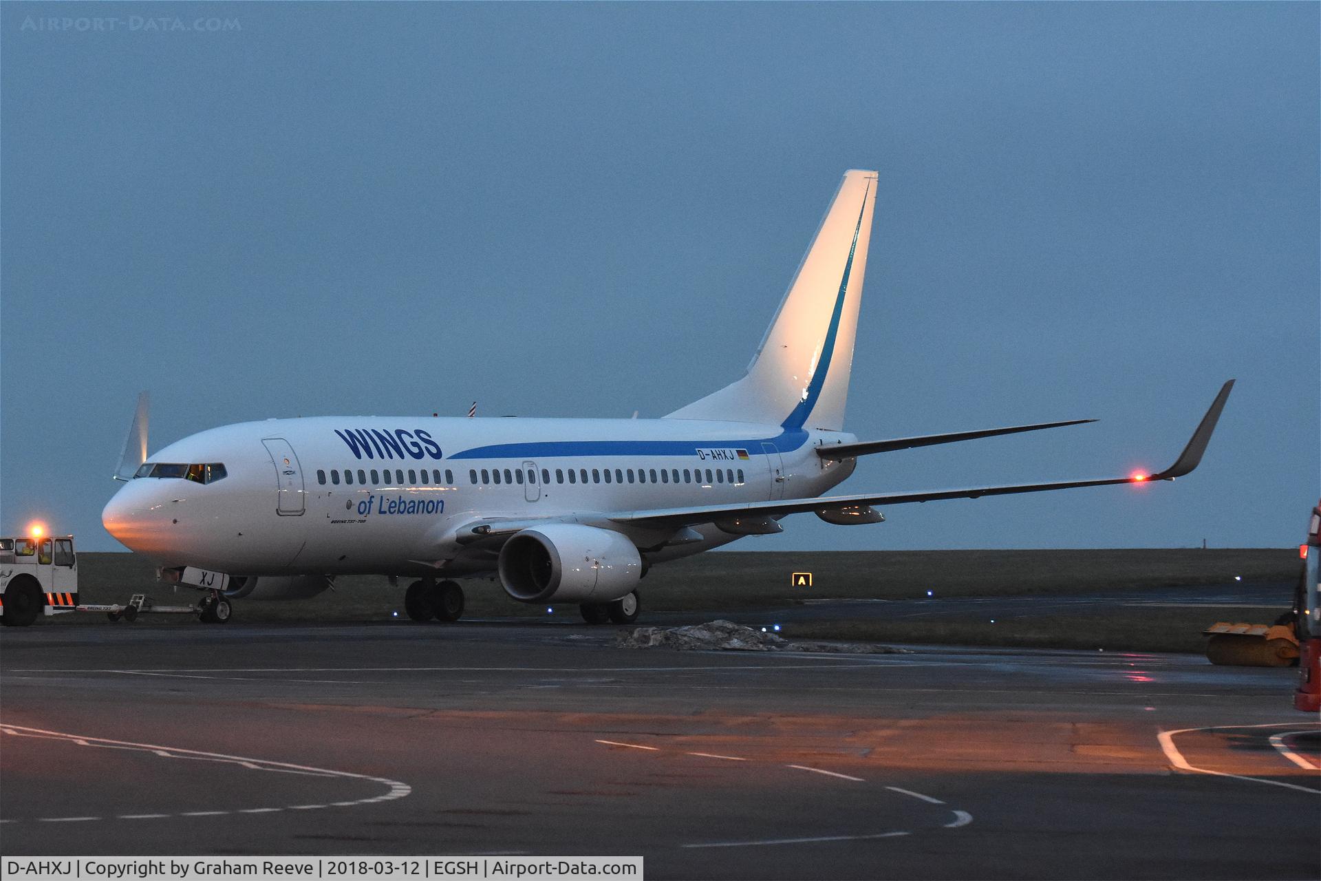 D-AHXJ, 2008 Boeing 737-7Q8 C/N 35277, Under tow at Norwich.