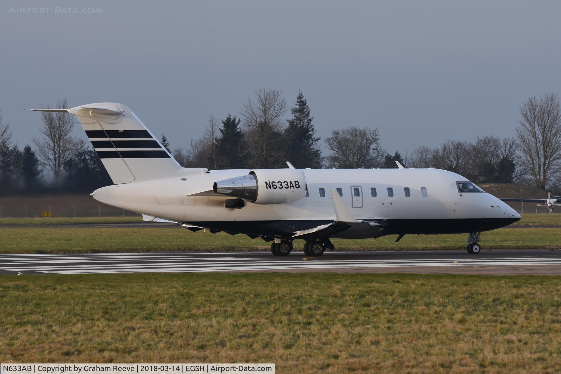 N633AB, 2010 Bombardier Challenger 605 (CL-600-2B16) C/N 5841, About to depart from Norwich.