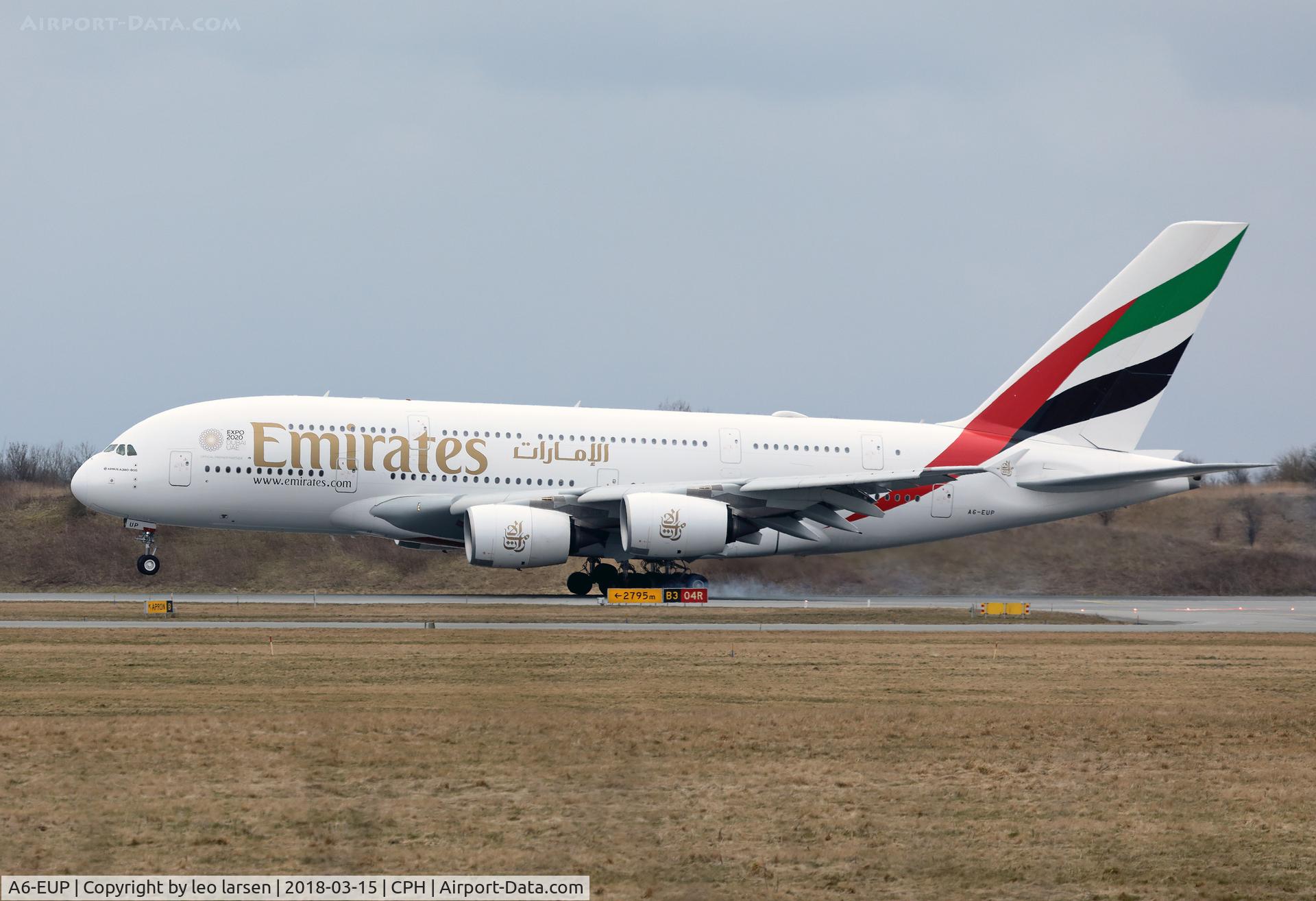A6-EUP, 2016 Airbus A380-842 C/N 228, Copenhagen 15.3.2018 L/D on R-04R with 2795M 
remaning runway