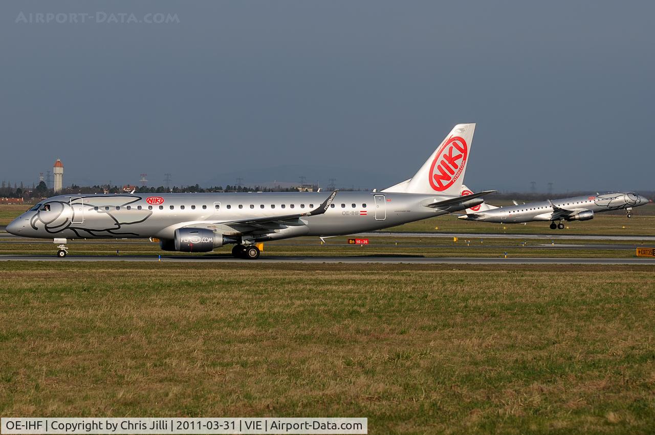 OE-IHF, 2011 Embraer 190LR (ERJ-190-100LR) C/N 19000420, Niki Embraer meeting: the one in the background leaves, the one in the foreground just arrived