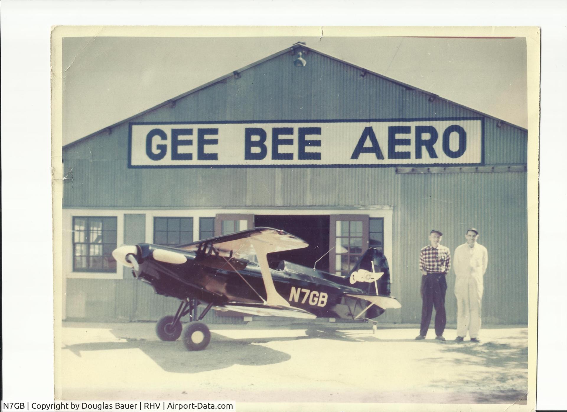 N7GB, 1960 Gee Bee Aero Special C/N 1, Circa 1960.  Gee Bee Aero Special N7GB in front of Gee Bee Aero which was a major airframe repair and aircraft salvage business located on the west side of Reid's Hillview  airport, San Jose CA.
