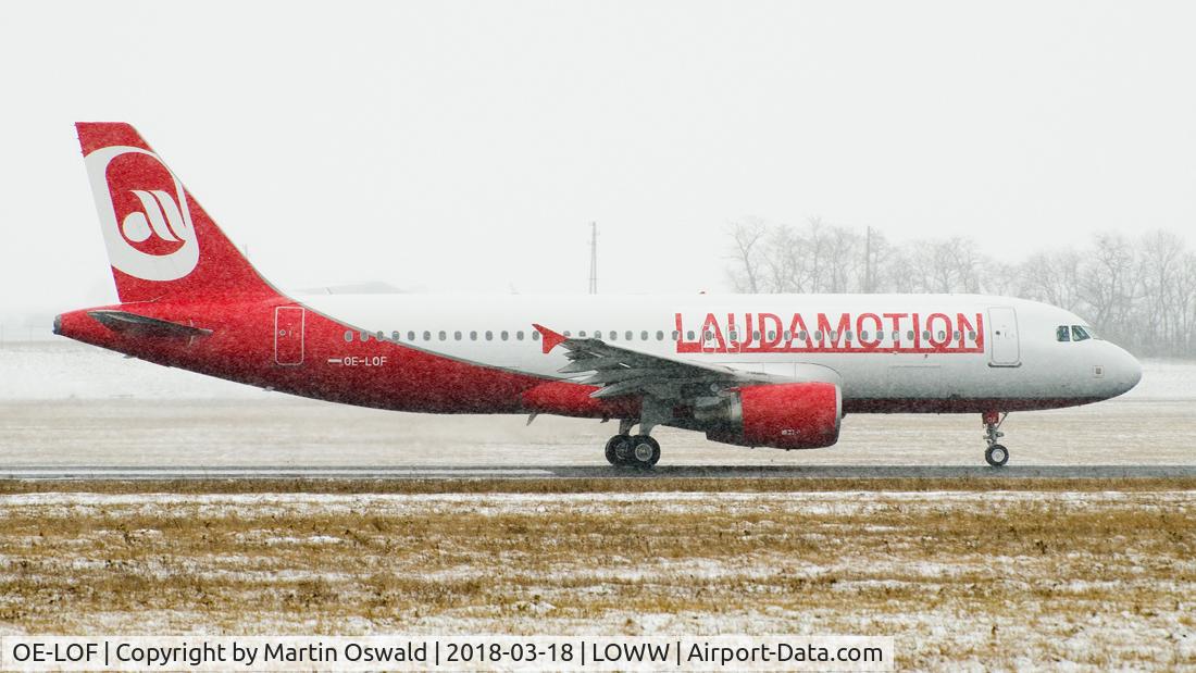 OE-LOF, 2010 Airbus A320-214 C/N 4329, OE320 VIE - VIE, first flight for new airline Laudamotion. Until end of summer 2018 season hybrid c/s will remain, than a new branding incl. aircraft livery is planned.