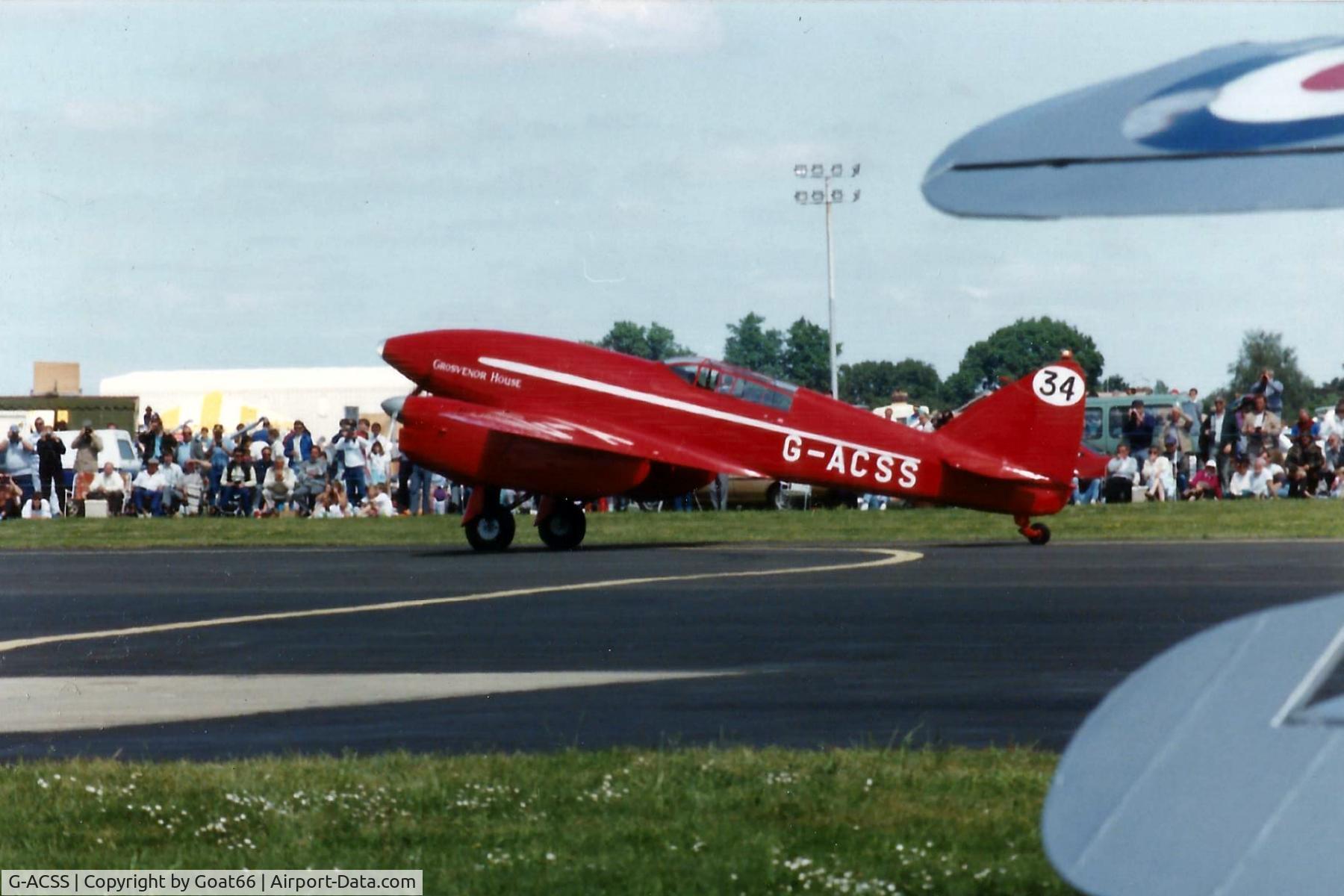 G-ACSS, 1934 De Havilland DH-88 Comet C/N 1996, Taxi to display, Mildenhall May 1989