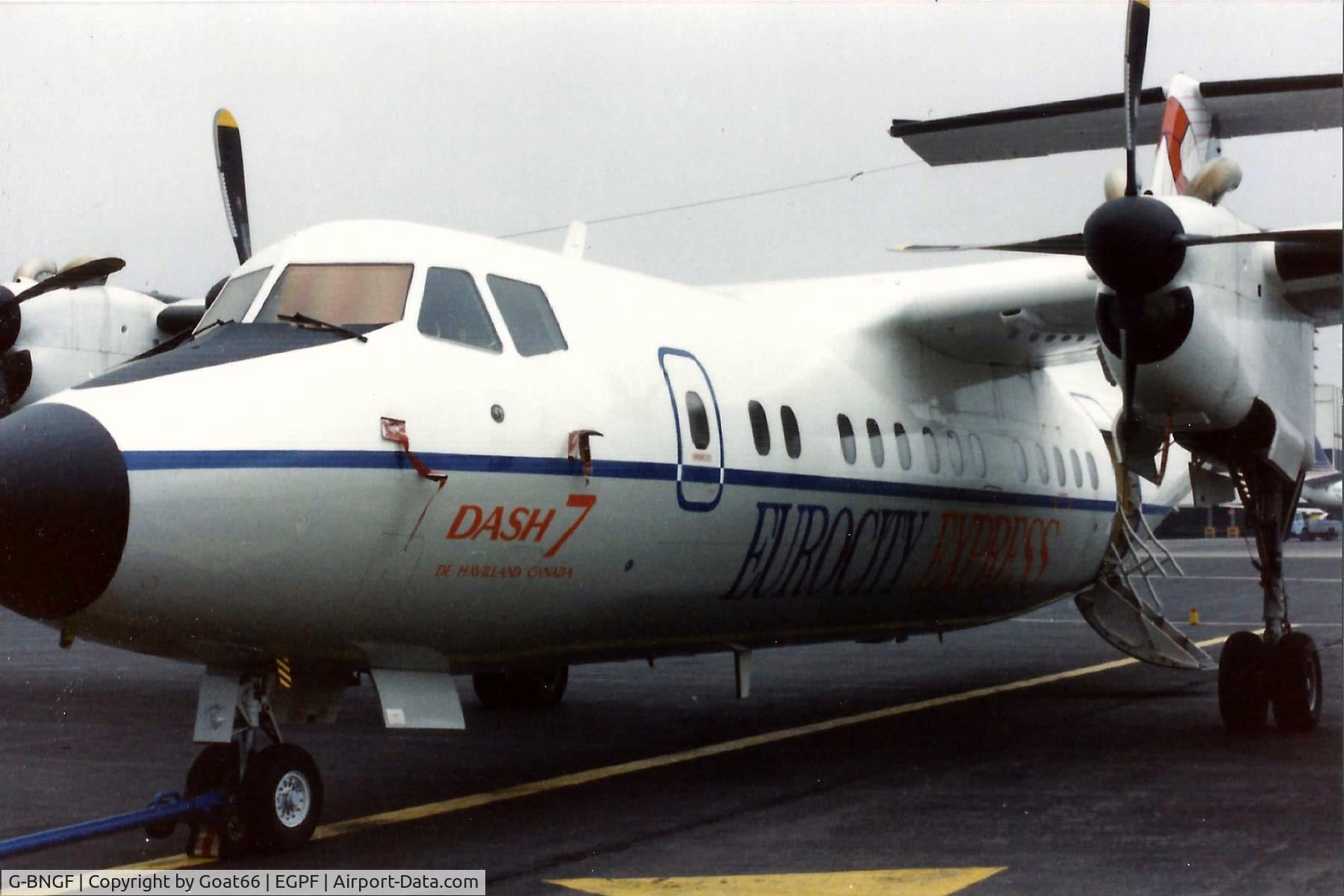 G-BNGF, 1985 De Havilland Canada DHC-7-102 Dash 7 C/N 103, Awaiting application of its UK registration G-BNGF and subsequent delivery to Eurocity Express ( later London City Airways) sits at GLA March 1987